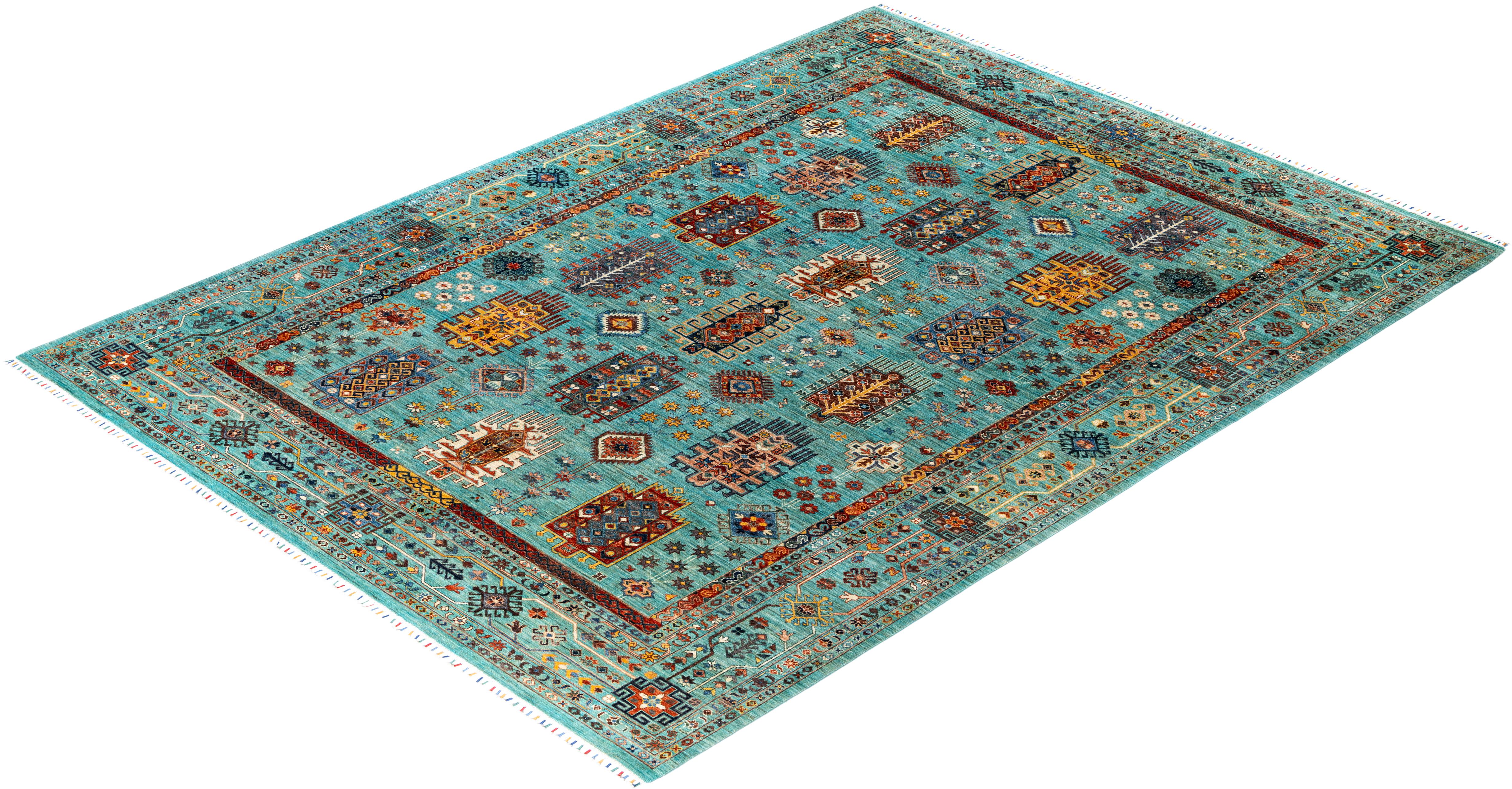 Tapis de laine vert de Bohème noué à la main 9' 2