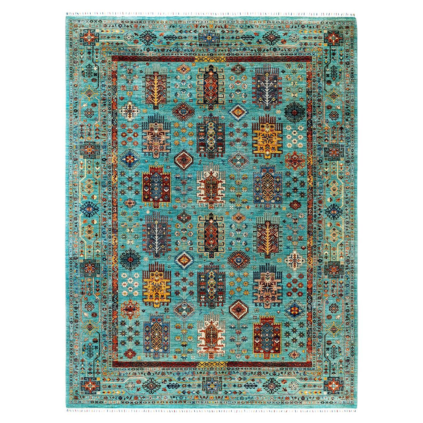 Bohemian Tribal Hand Knotted Wool Green Area Rug 9' 2" x 12' 3"
