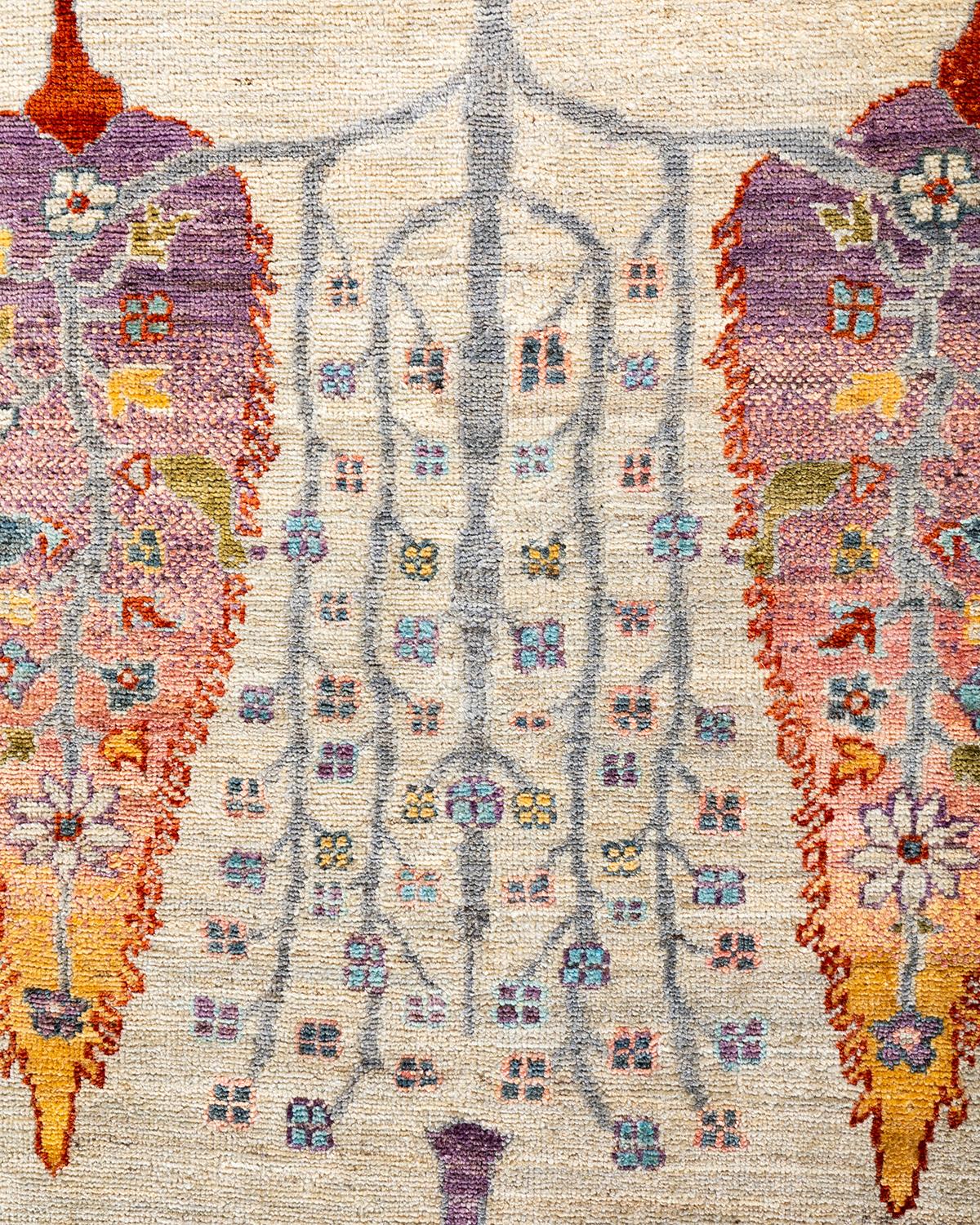 Bohemian Tribal Handgeknüpfter elfenbeinfarbener Wollteppich 8' 8