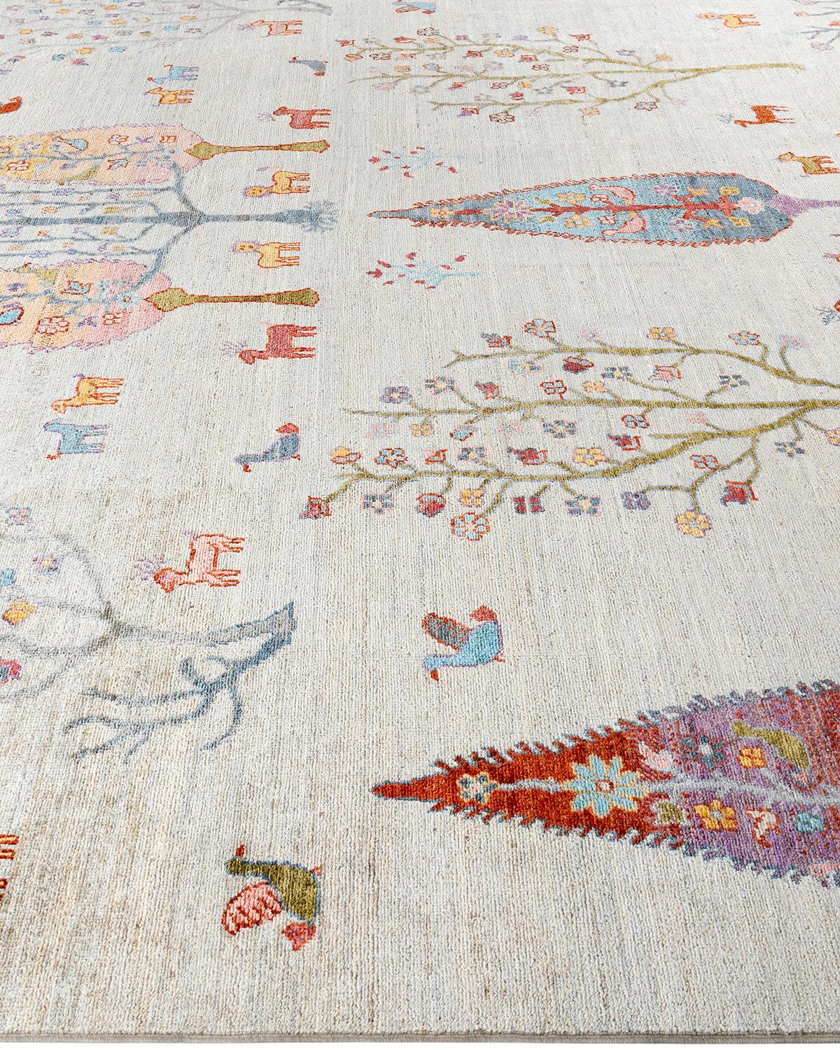 Bohemian Tribal Handgeknüpfter elfenbeinfarbener Wollteppich 8' 8