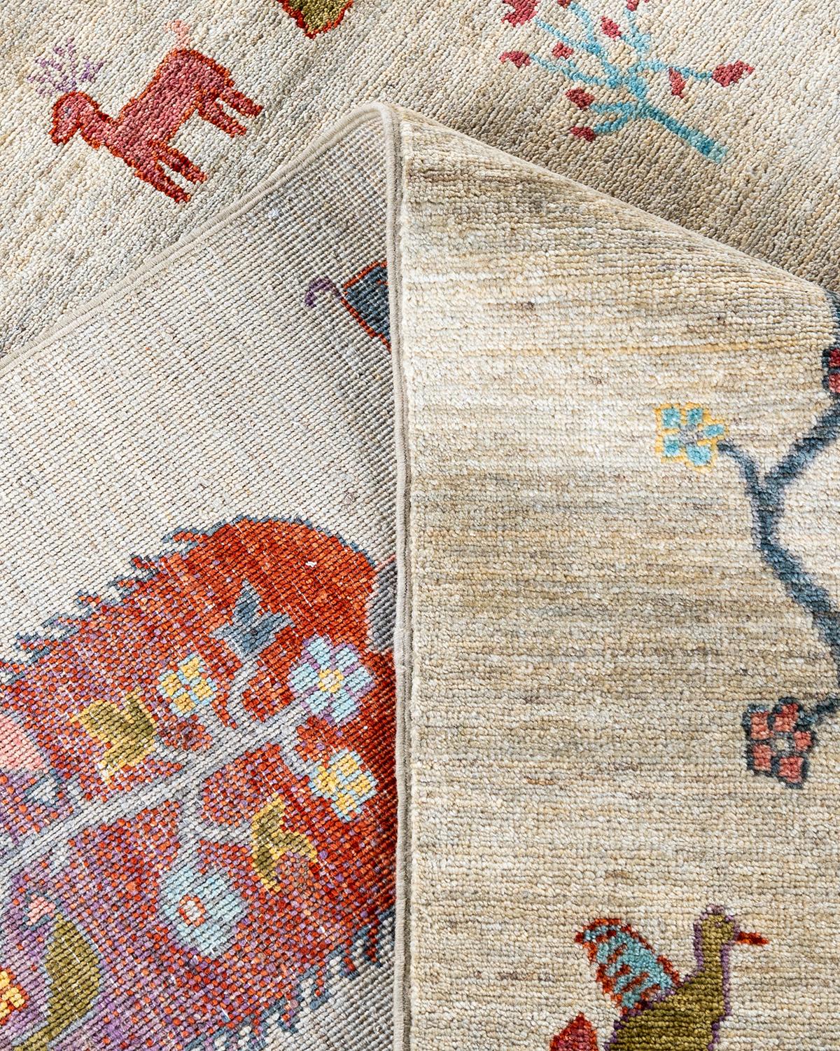 Bohemian Tribal Handgeknüpfter elfenbeinfarbener Wollteppich 8' 8