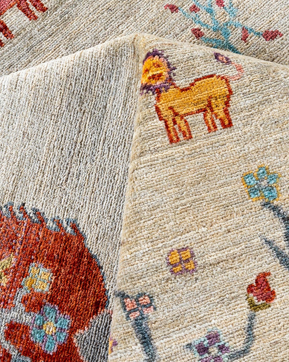 Bohemian Tribal Handgeknüpfter elfenbeinfarbener Wollteppich 8' 8