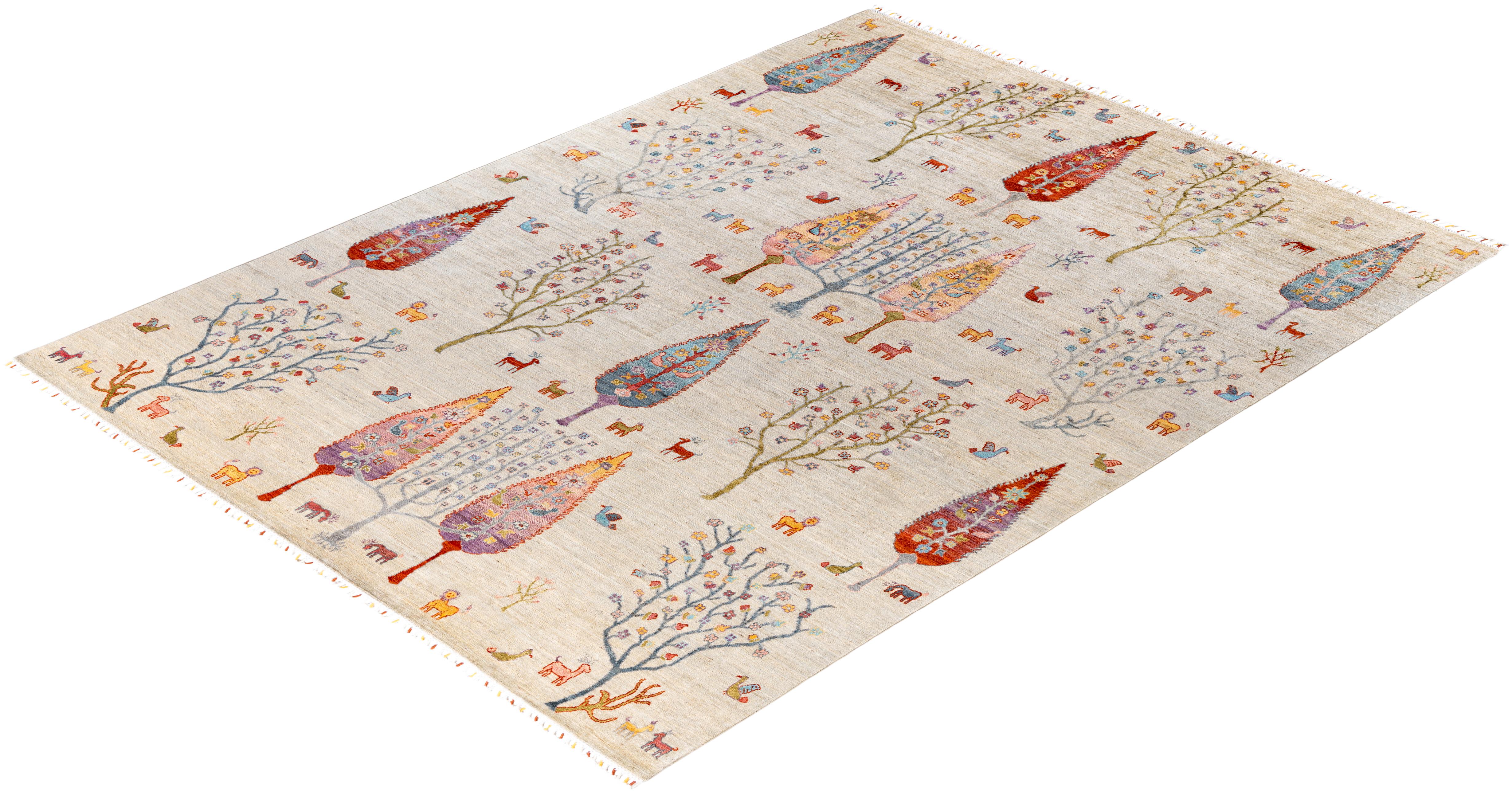 Bohemian Tribal Handgeknüpfter elfenbeinfarbener Wollteppich 8' 8