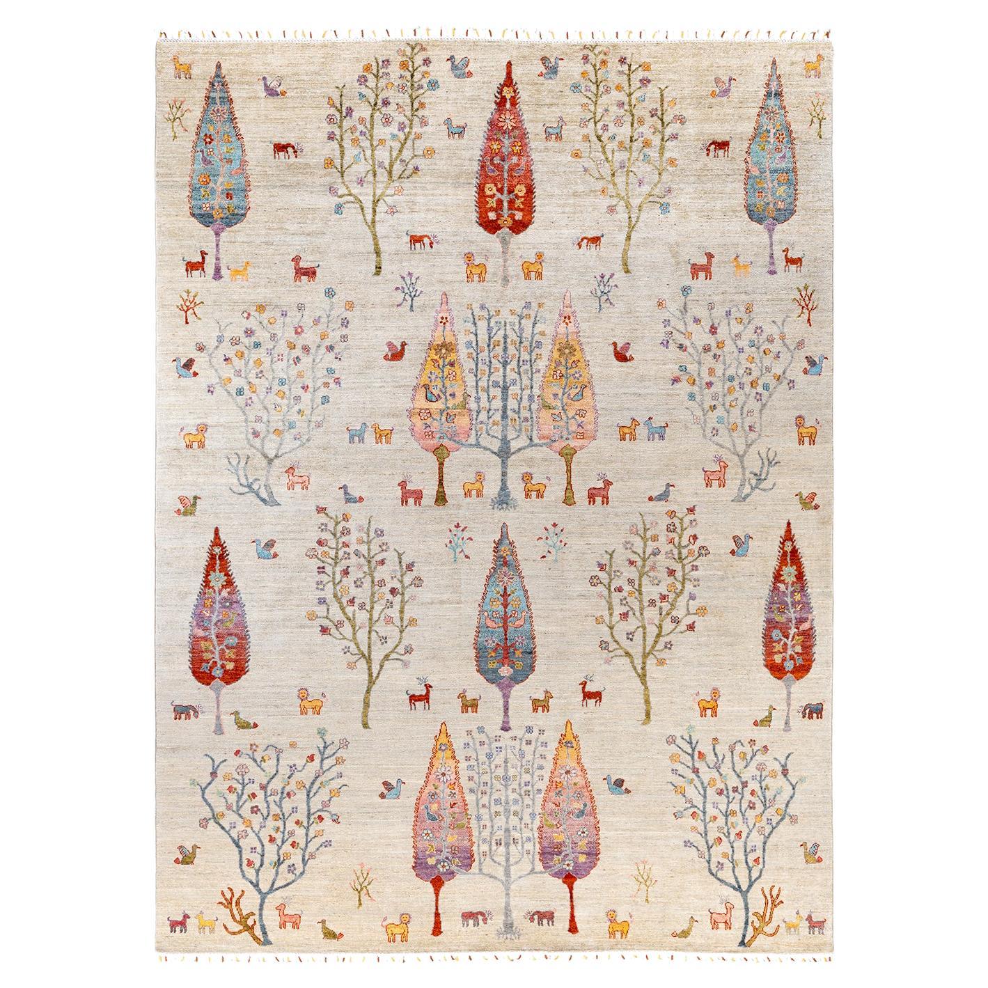 Bohemian Tribal Hand Knotted Wool Ivory Area Rug 8' 8" x 11' 8"
