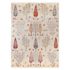 Tappeto Tribale Bohemian in Lana Avorio Annodato a Mano 8' 8" x 11' 8"