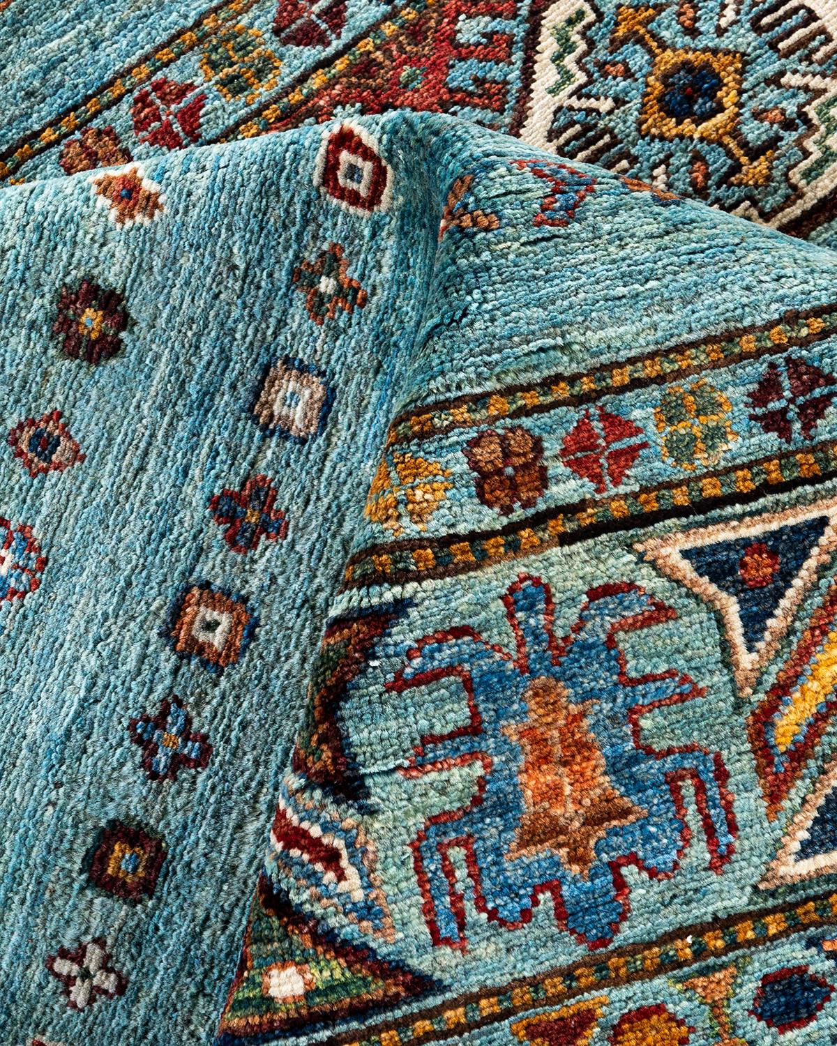 Laine Tapis de Bohème bleu clair noué à la main de 8' 1