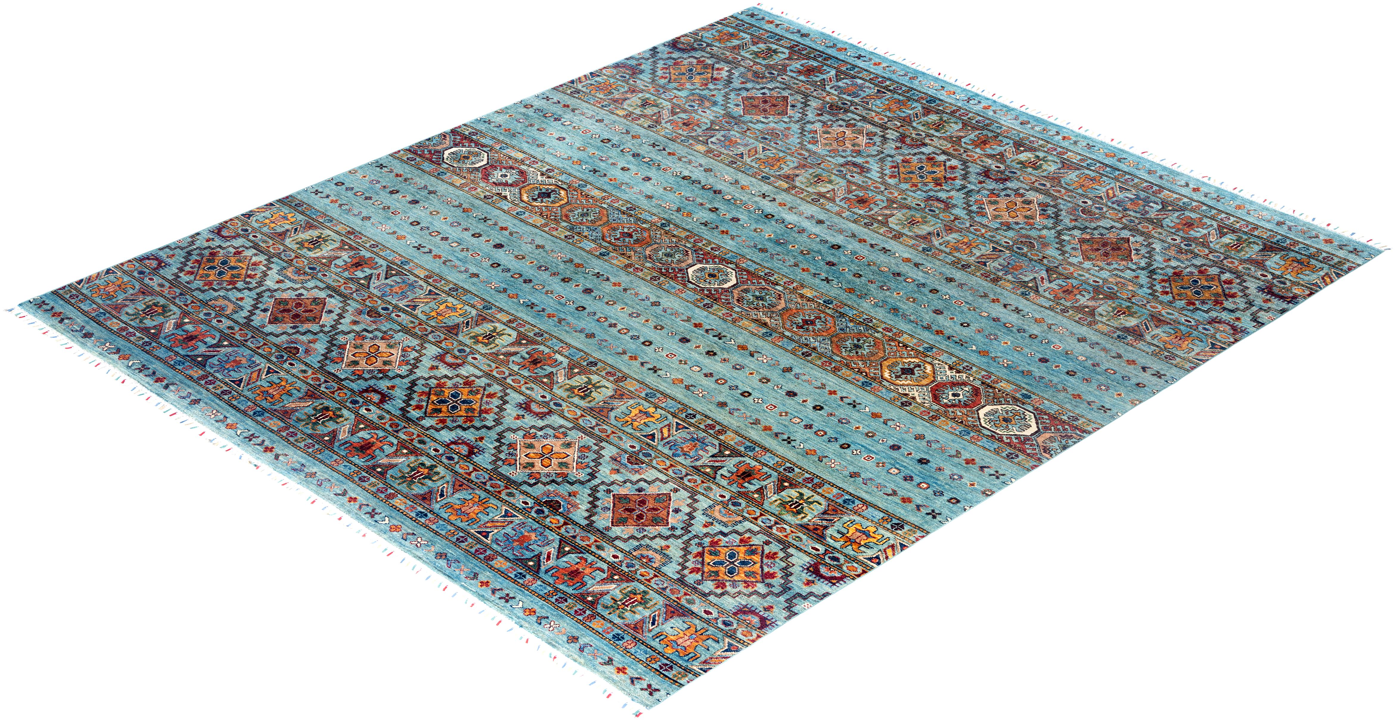 Tapis de Bohème bleu clair noué à la main de 8' 1