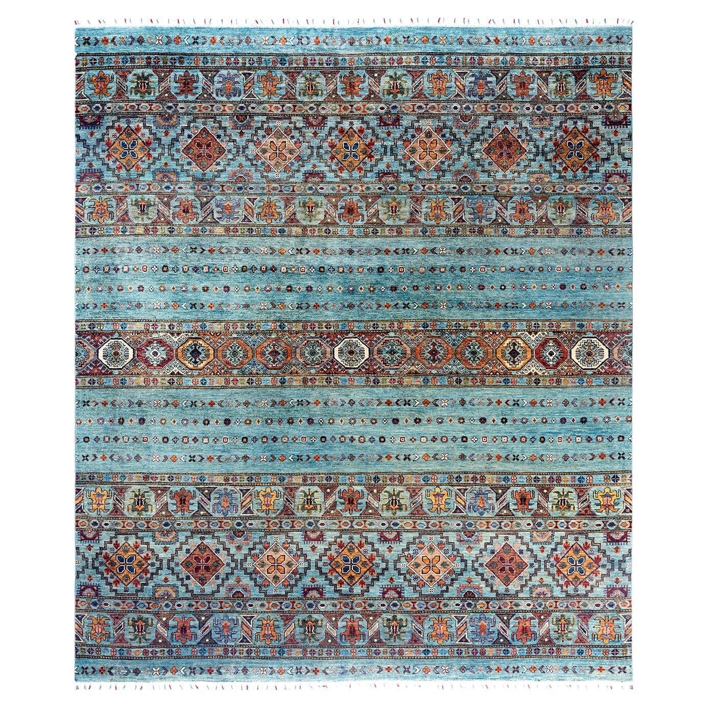 Bohemian Tribal Hand Knotted Wool Light Blue Area Rug 8' 1" x 9' 5"