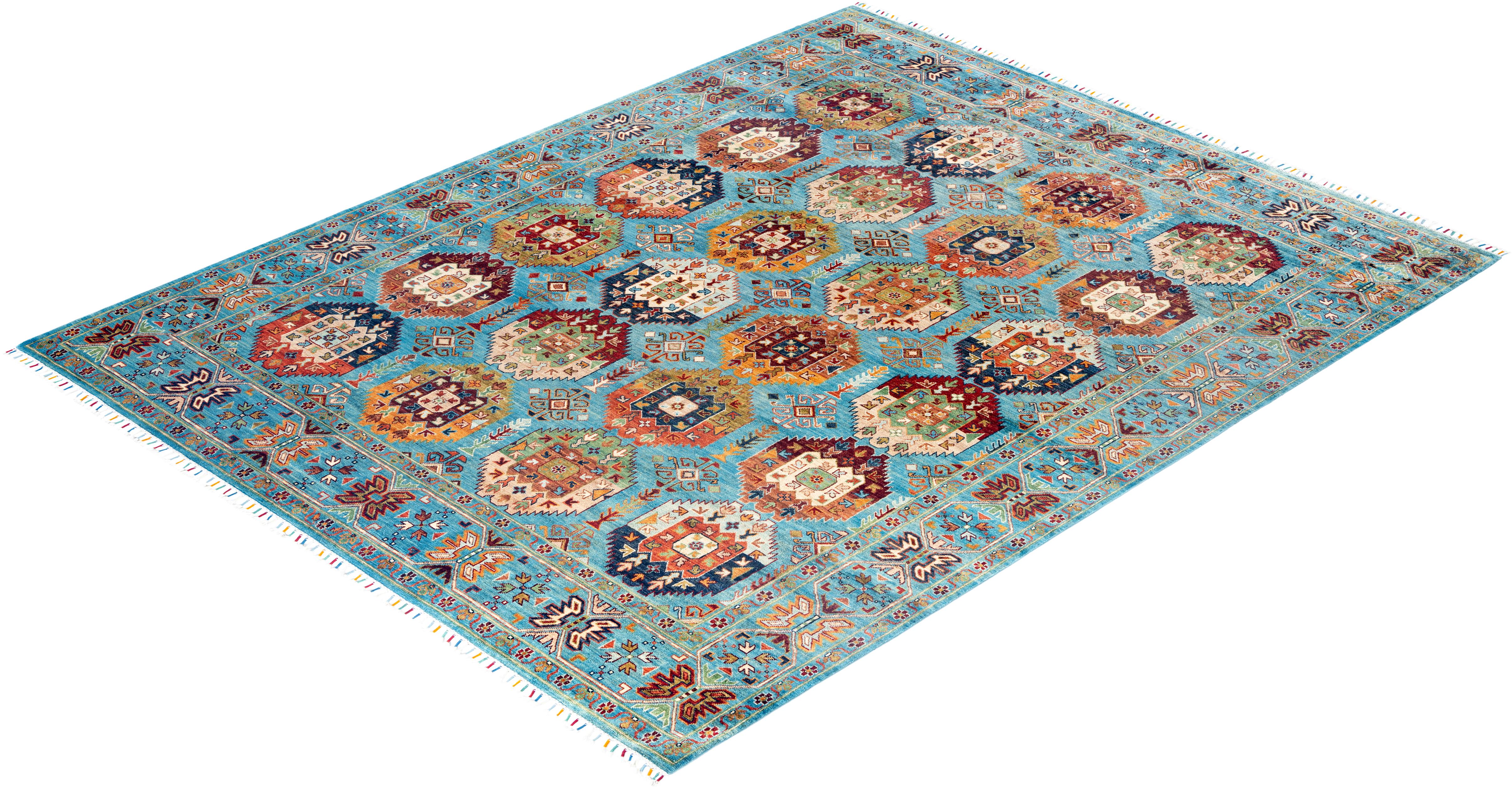 Tapis de Bohème bleu clair noué à la main 8' 2