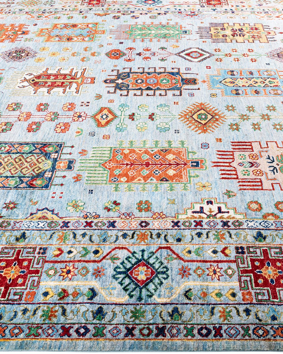 Hand-Knotted Bohemian Tribal Hand Knotted Wool Light Blue Area Rug 8' 3