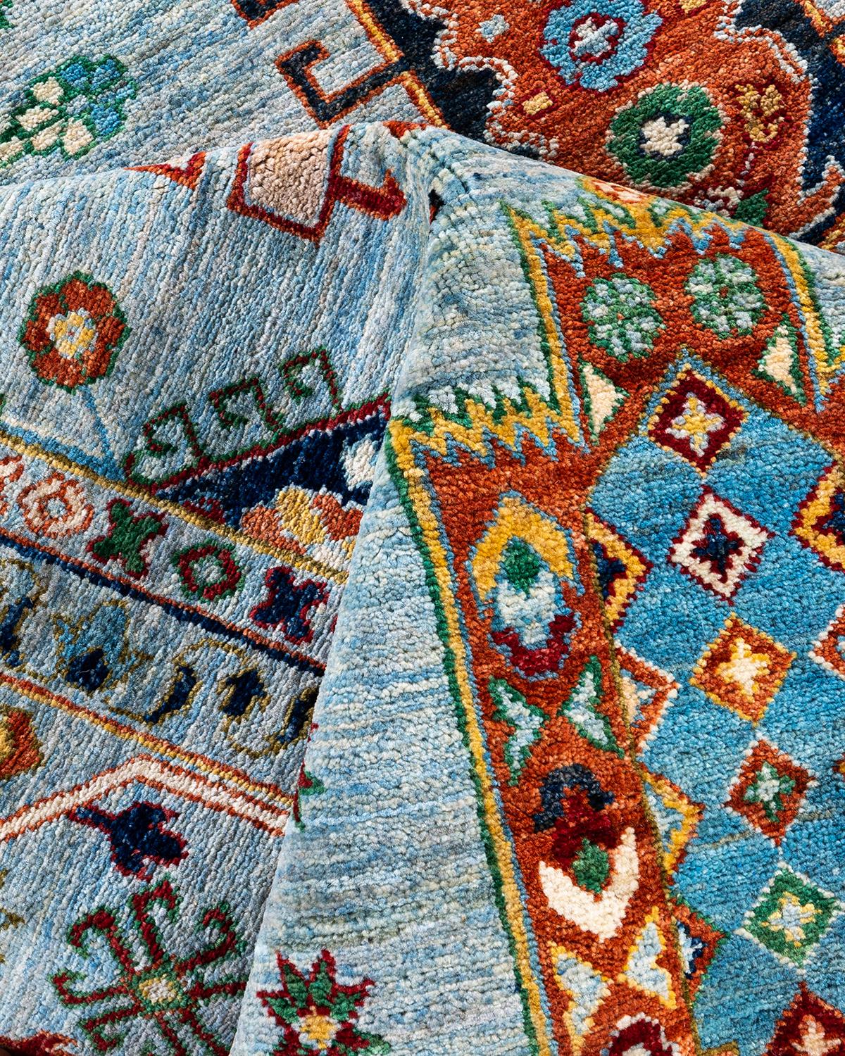 Bohemian Tribal Hand Knotted Wool Light Blue Area Rug 8' 3