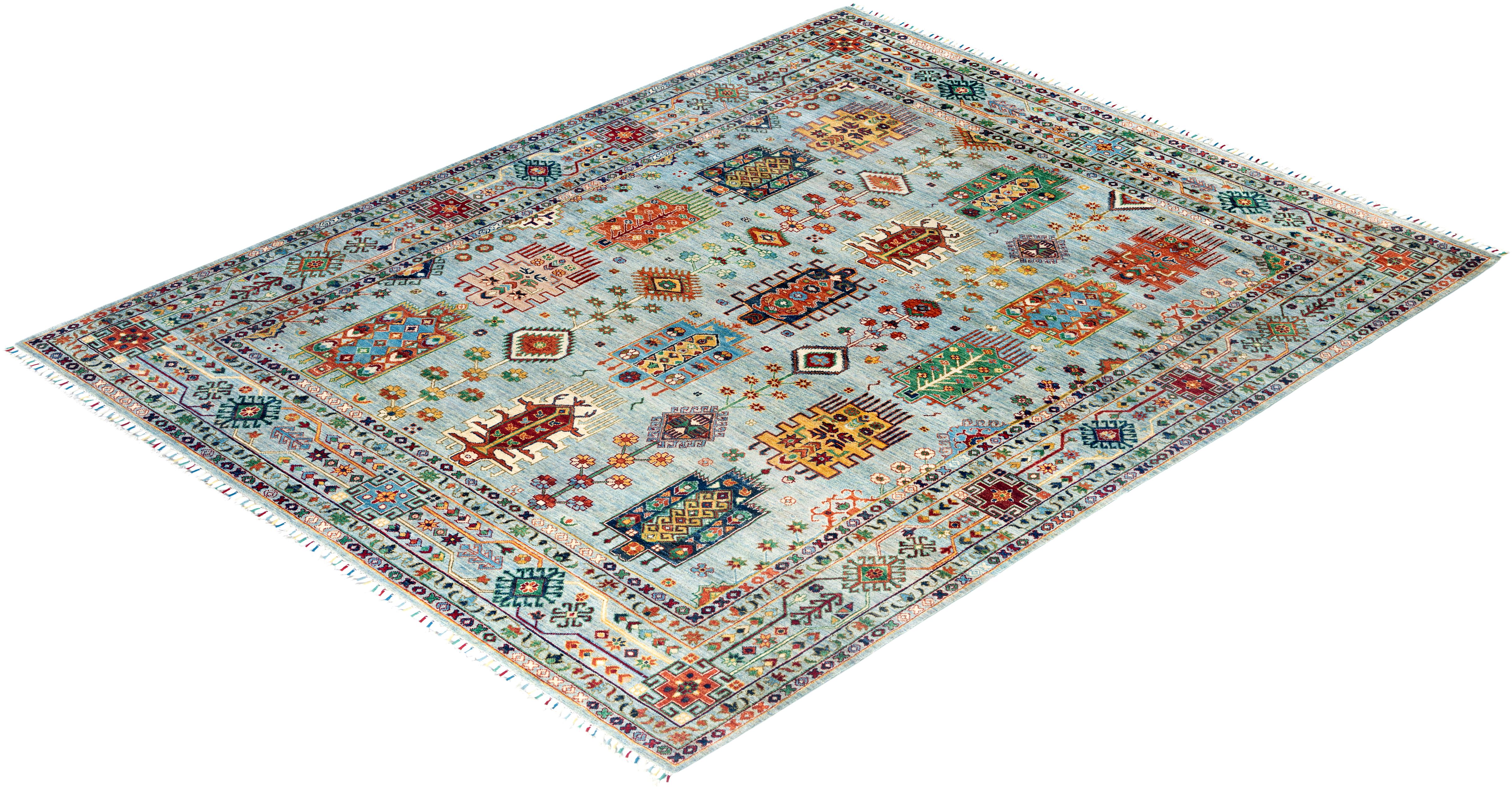 Bohemian Tribal Hand Knotted Wool Light Blue Area Rug 8' 3