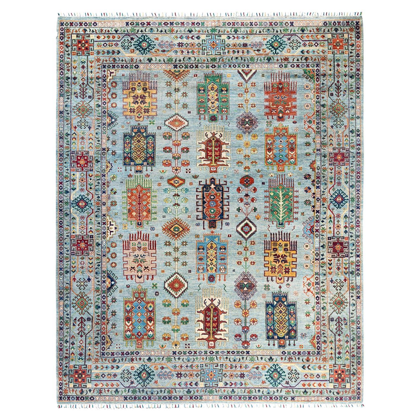 Bohemian Tribal Hand Knotted Wool Light Blue Area Rug 8' 3" x 10' 4" For Sale