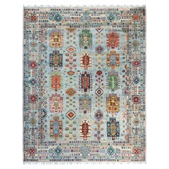 Alfombra Tribal Bohemia de Lana Anudada a Mano Azul Claro 8' 3" x 10' 4