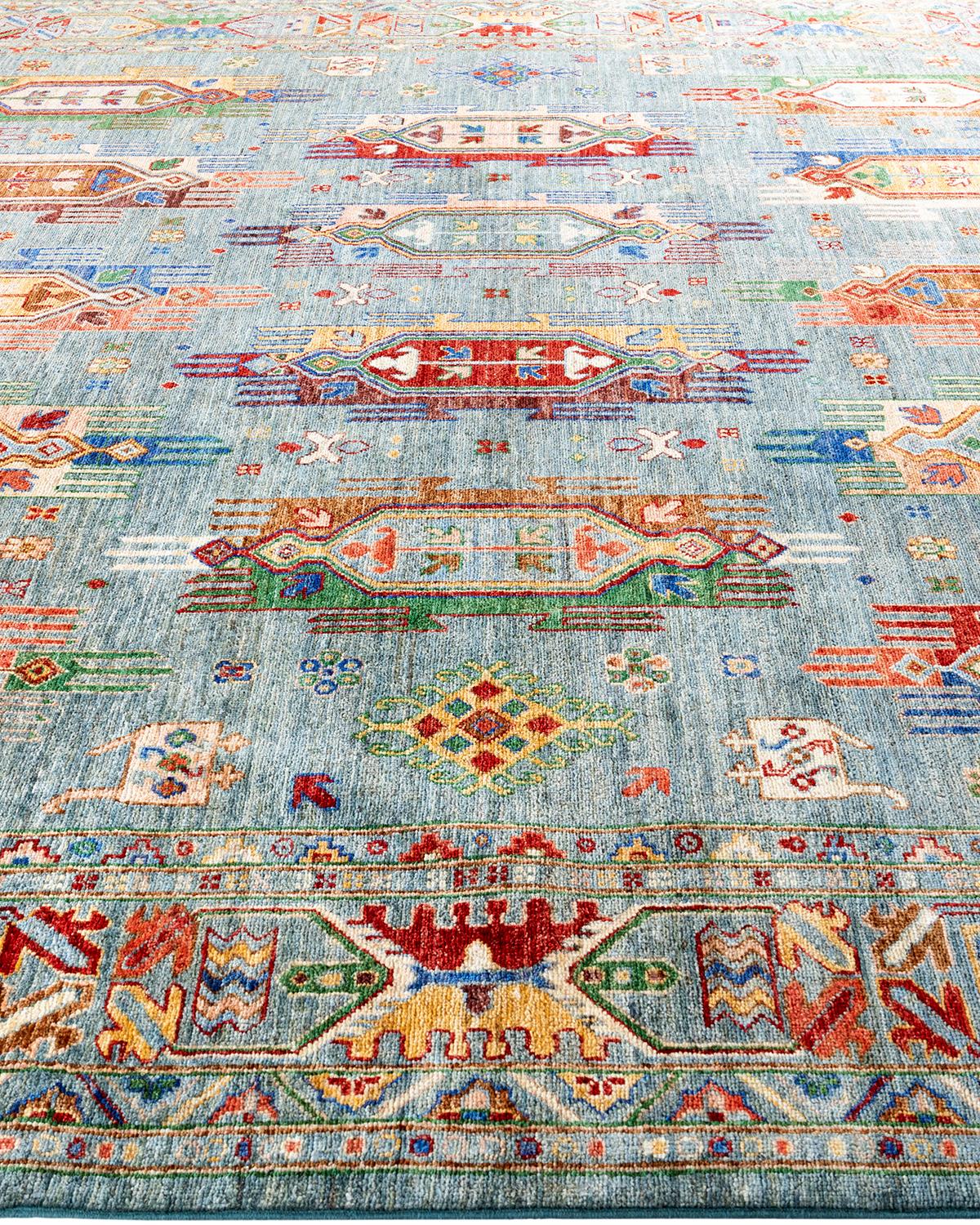 Hand-Knotted Bohemian Tribal Hand Knotted Wool Light Blue Area Rug 8' 4