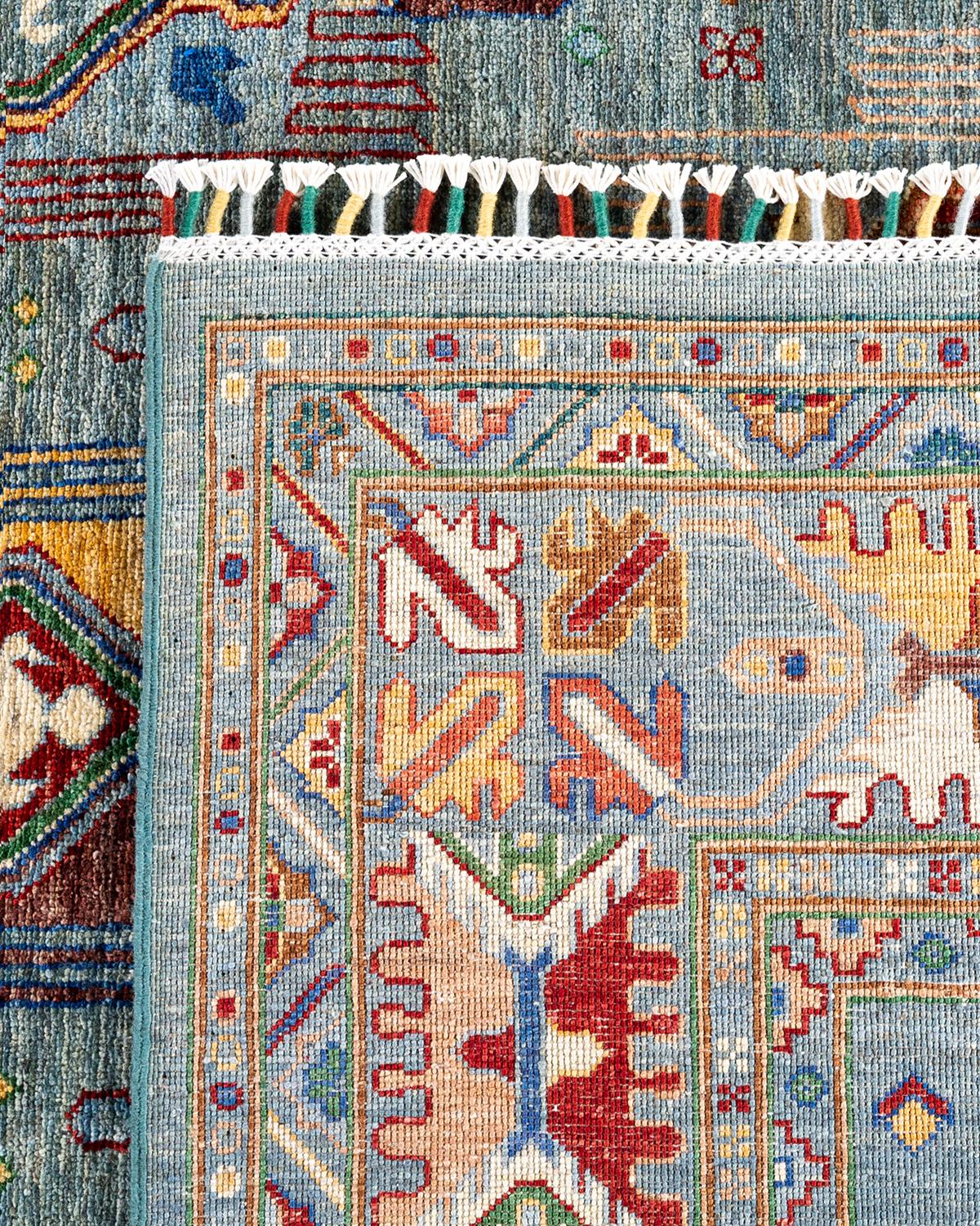 Bohemian Tribal Hand Knotted Wool Light Blue Area Rug 8' 4