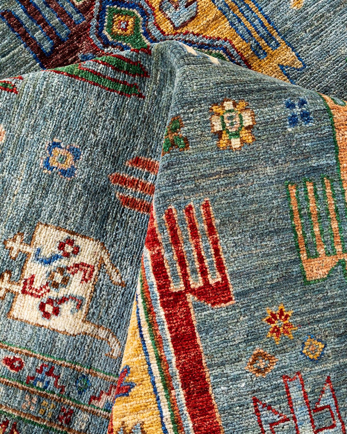 Bohemian Tribal Hand Knotted Wool Light Blue Area Rug 8' 4