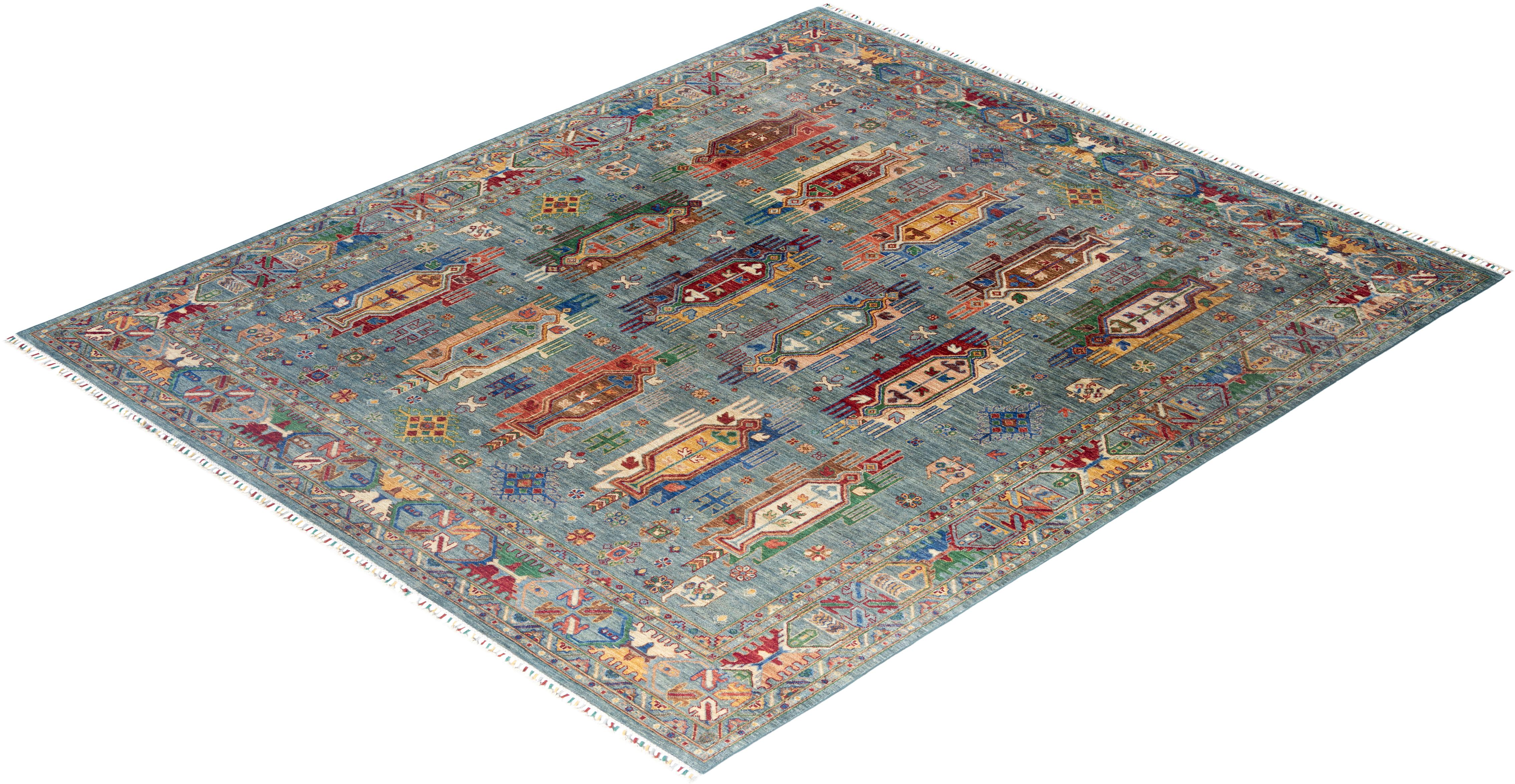 Bohemian Tribal Hand Knotted Wool Light Blue Area Rug 8' 4