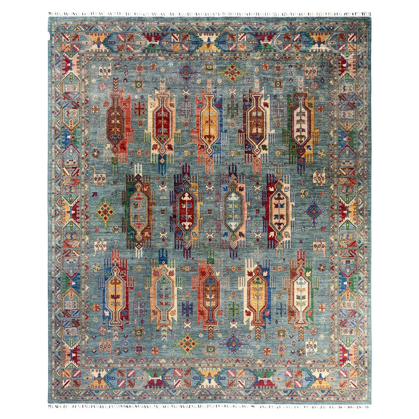 Bohemian Tribal Hand Knotted Wool Light Blue Area Rug 8' 4" x 9' 8" For Sale