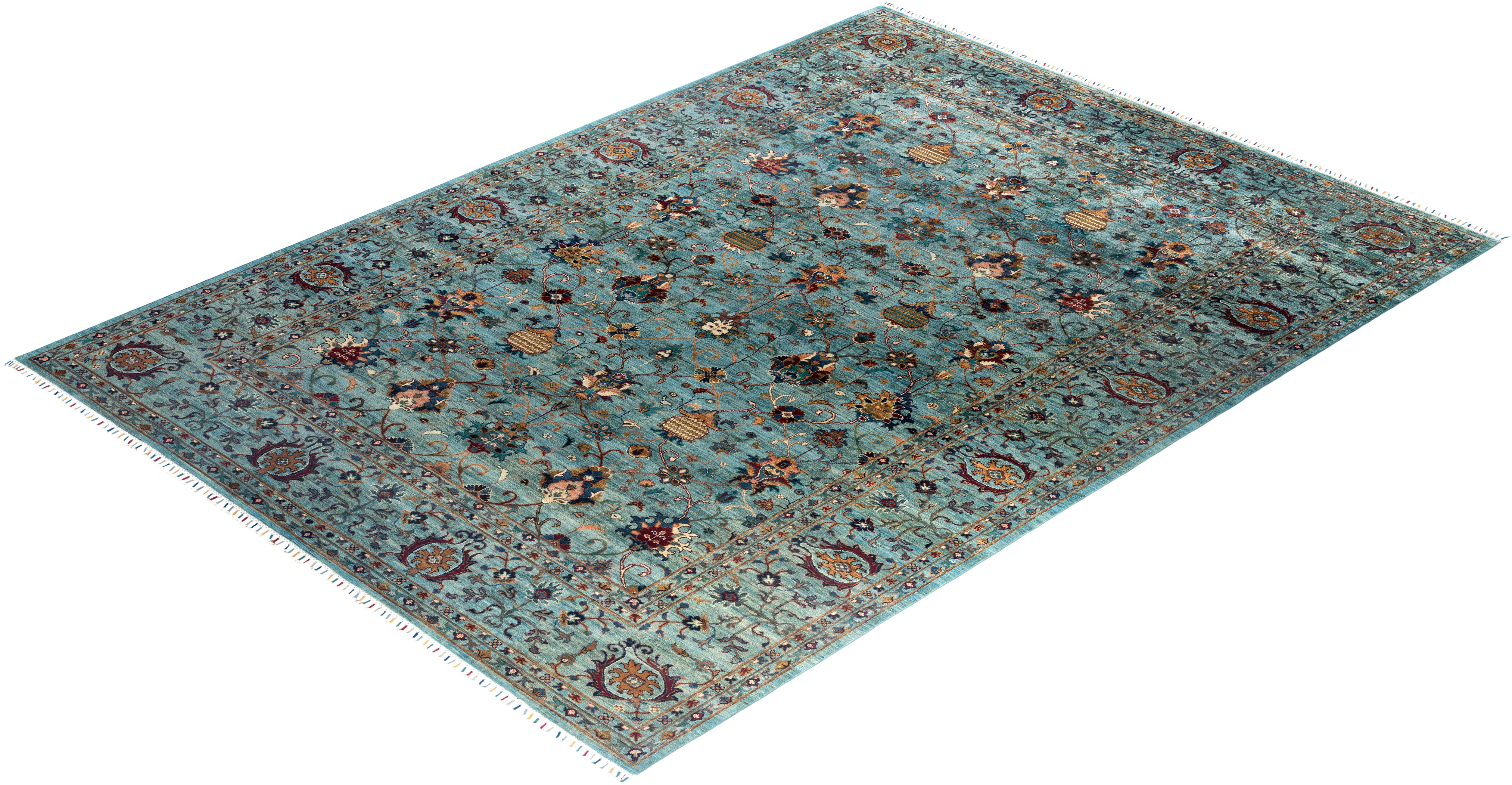 Tapis de Bohème bleu clair noué à la main 8' 9