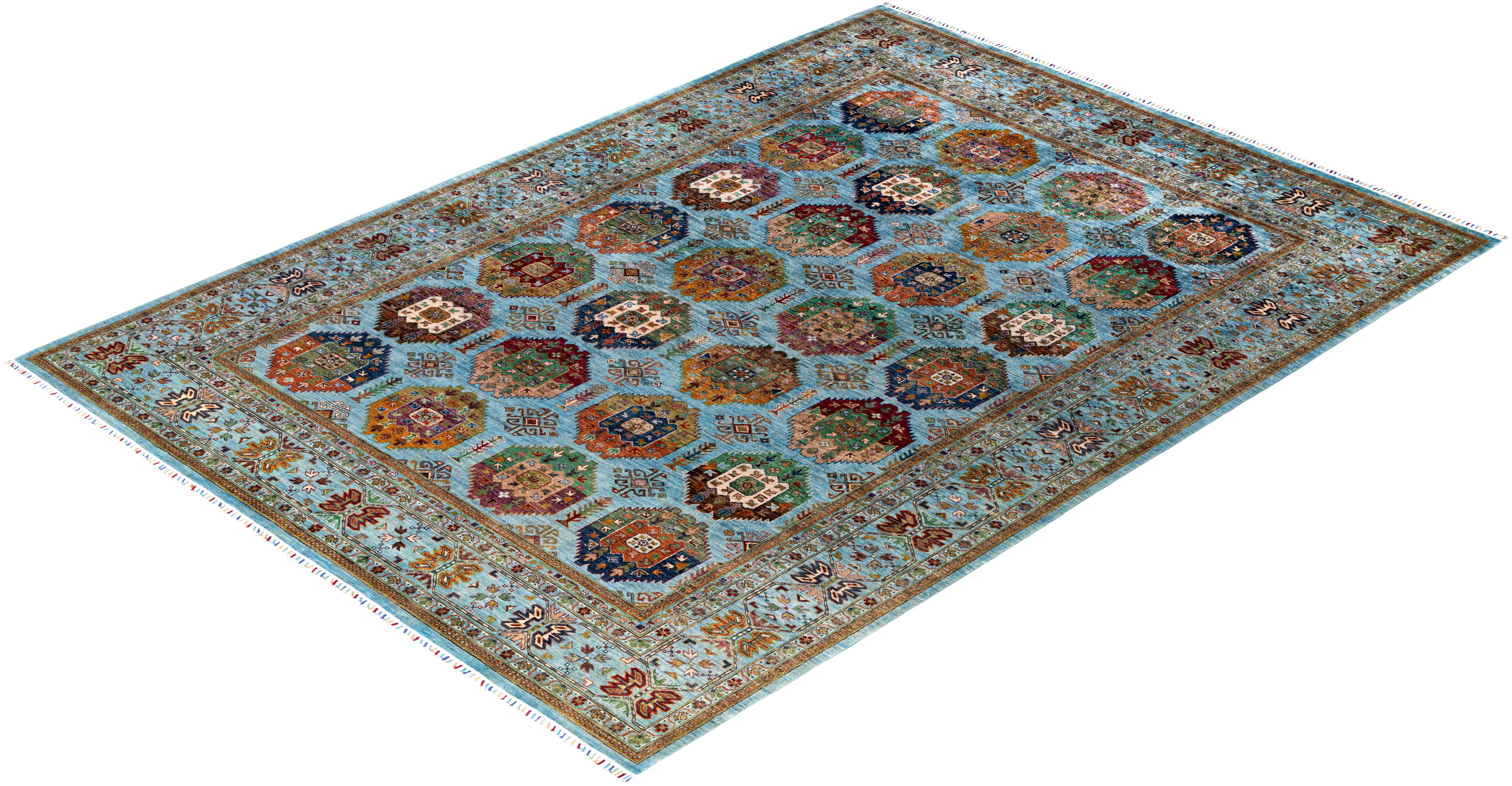 Tapis de Bohème bleu clair noué à la main 8' 9