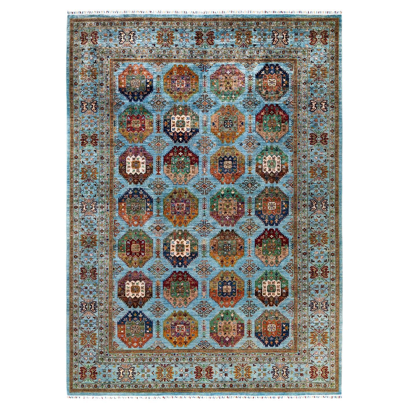 Bohemian Tribal Hand Knotted Wool Light Blue Area Rug 8' 9" x 12' 0"