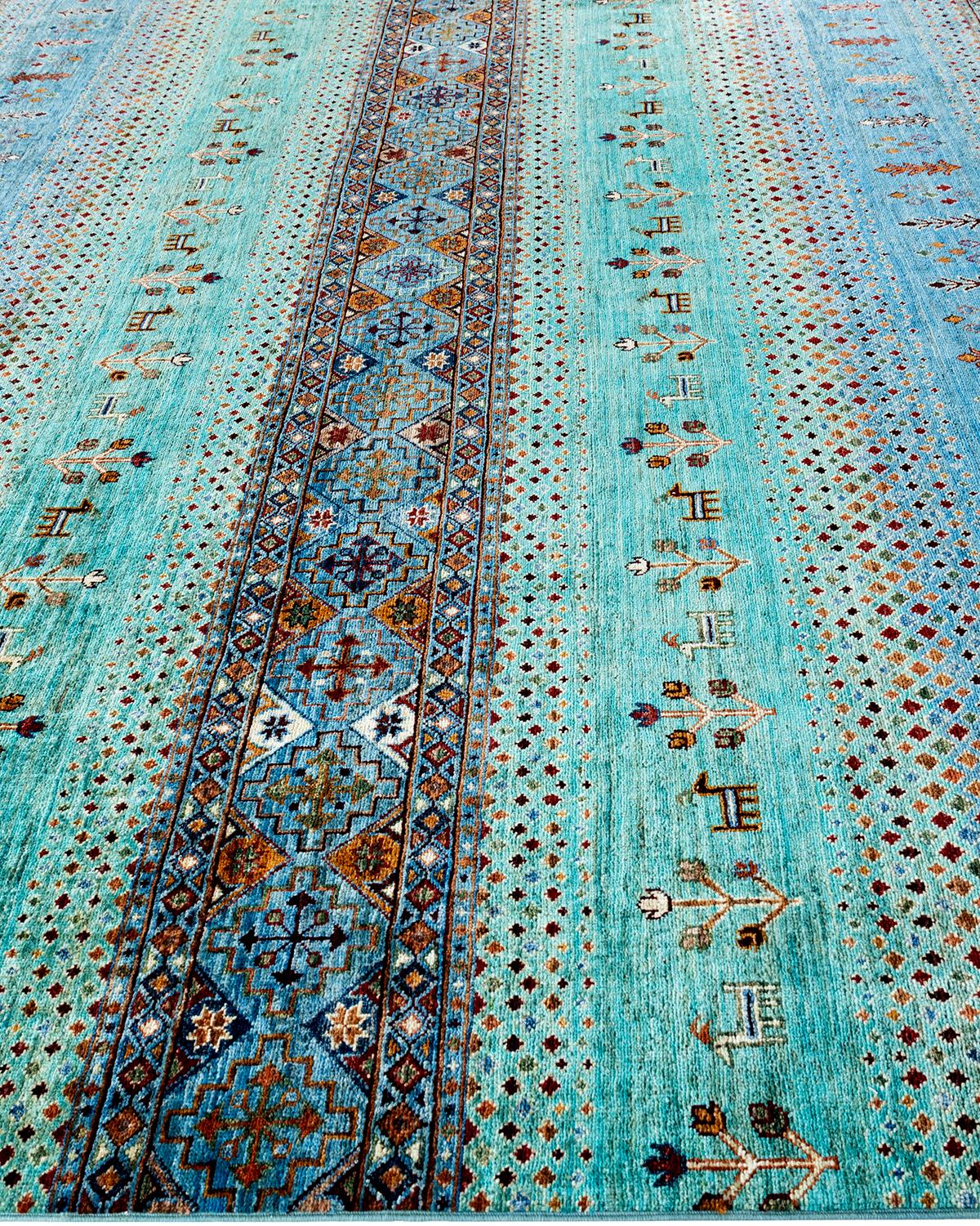 Hand-Knotted Bohemian Tribal Hand Knotted Wool Light Blue Area Rug 9' 1