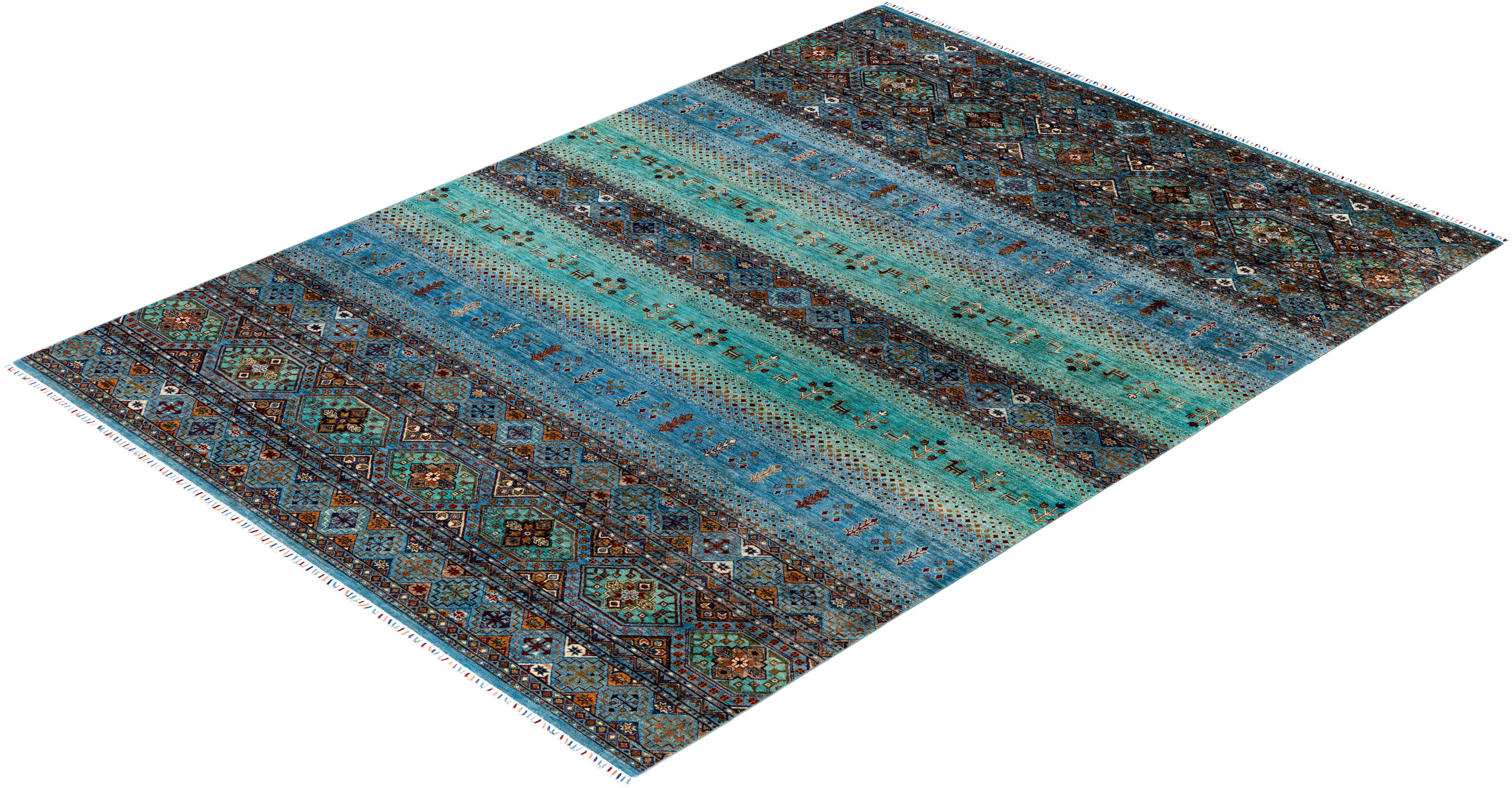Bohemian Tribal Hand Knotted Wool Light Blue Area Rug 9' 1