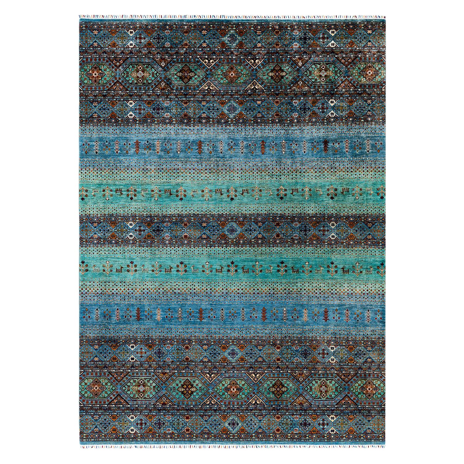 Alfombra Tribal Bohemia de Lana Anudada a Mano Azul Claro 9' 1" x 12' 7