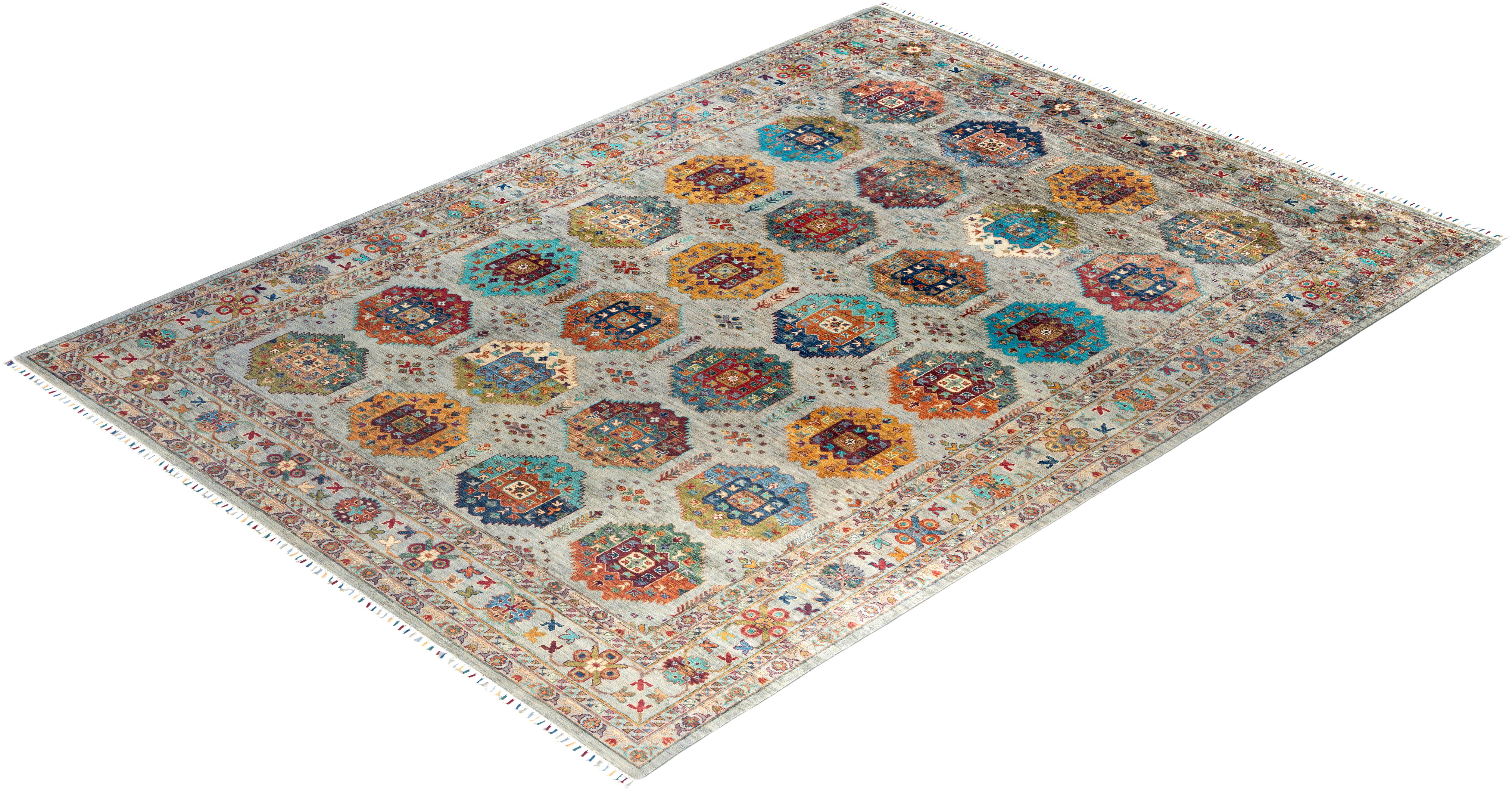 Tapis de laine gris clair de Bohème noué à la main 8' 11