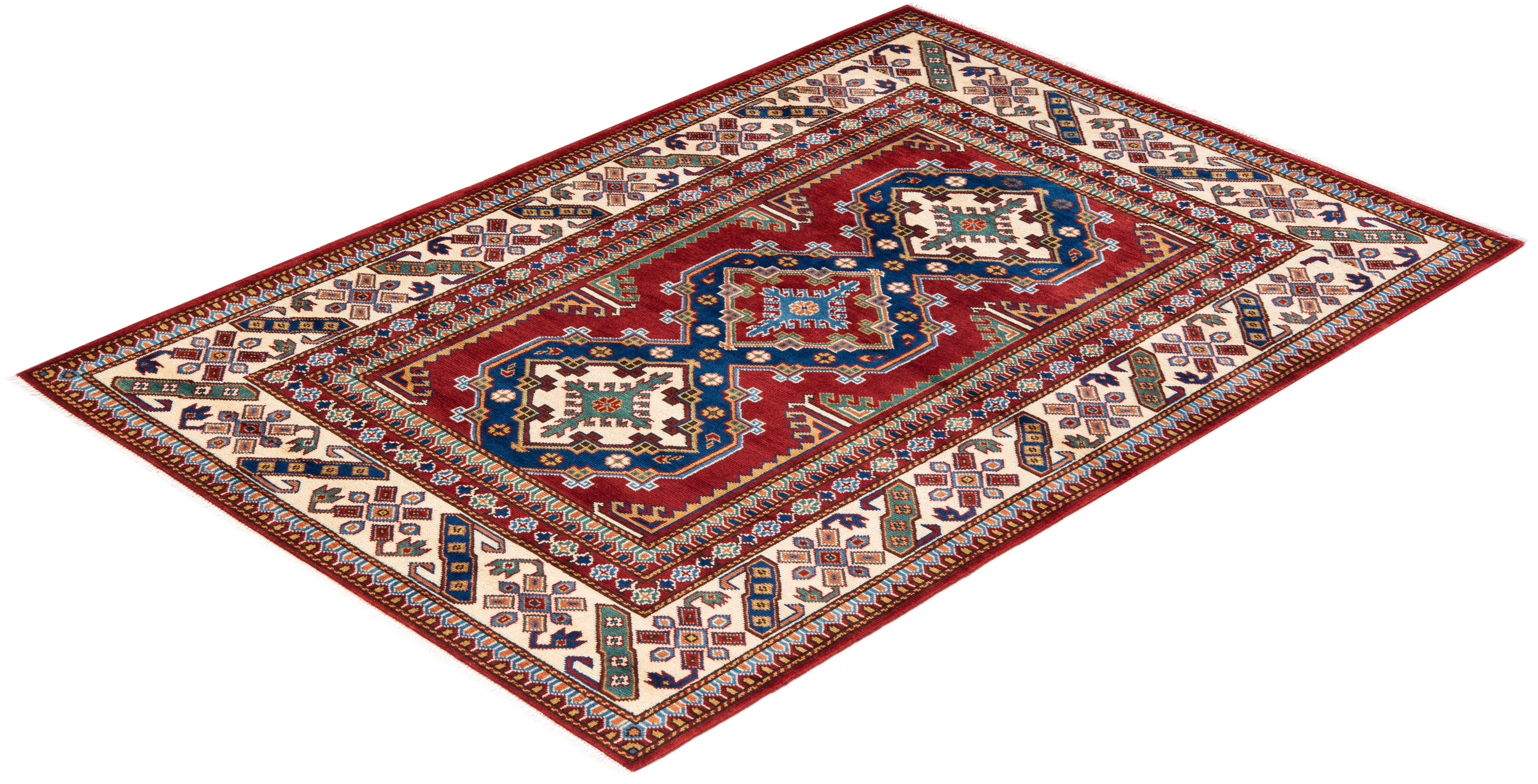 Bohemian Tribal Hand Knotted Wool Red  Area Rug For Sale 3