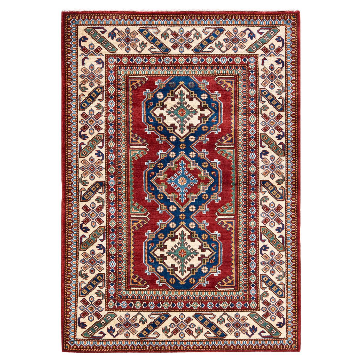 Bohemian Tribal Hand Knotted Wool Red  Area Rug For Sale