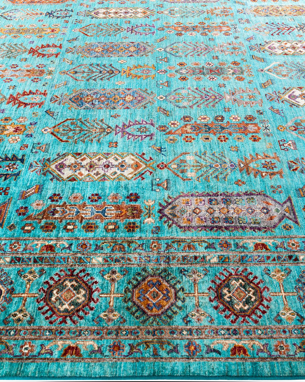 Noué à la main Tapis de laine sarcelle de Bohème noué à la main 8' 3