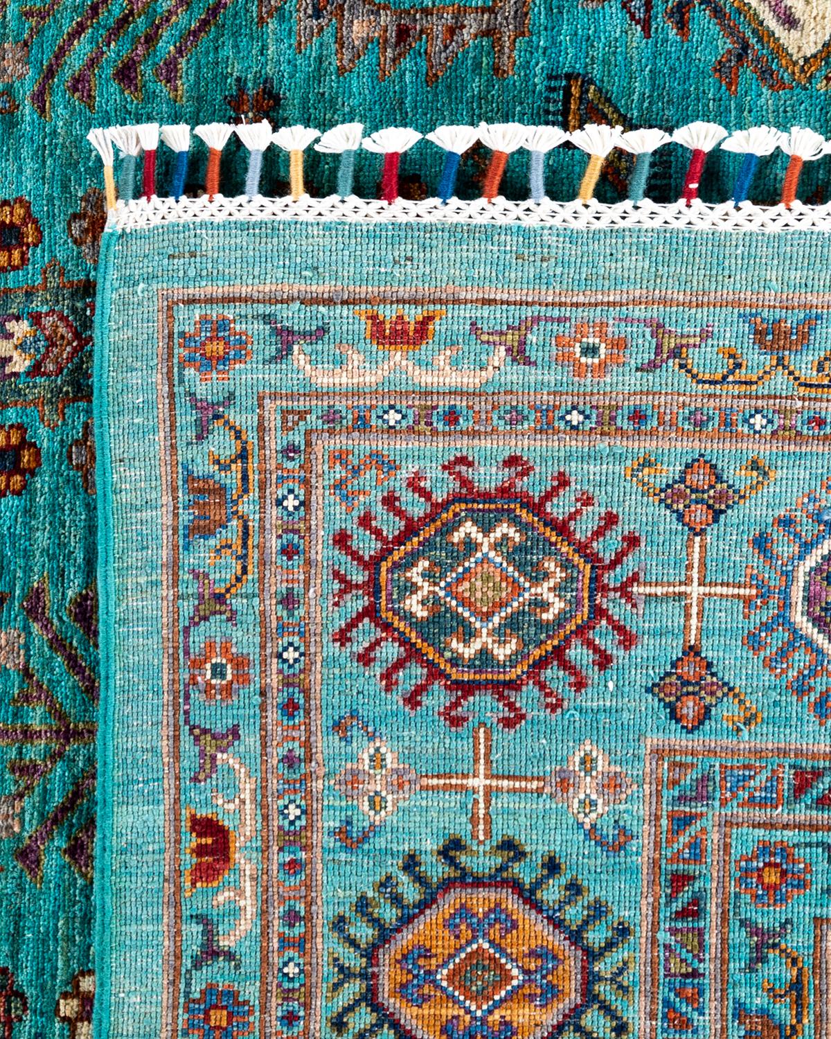 Tapis de laine sarcelle de Bohème noué à la main 8' 3