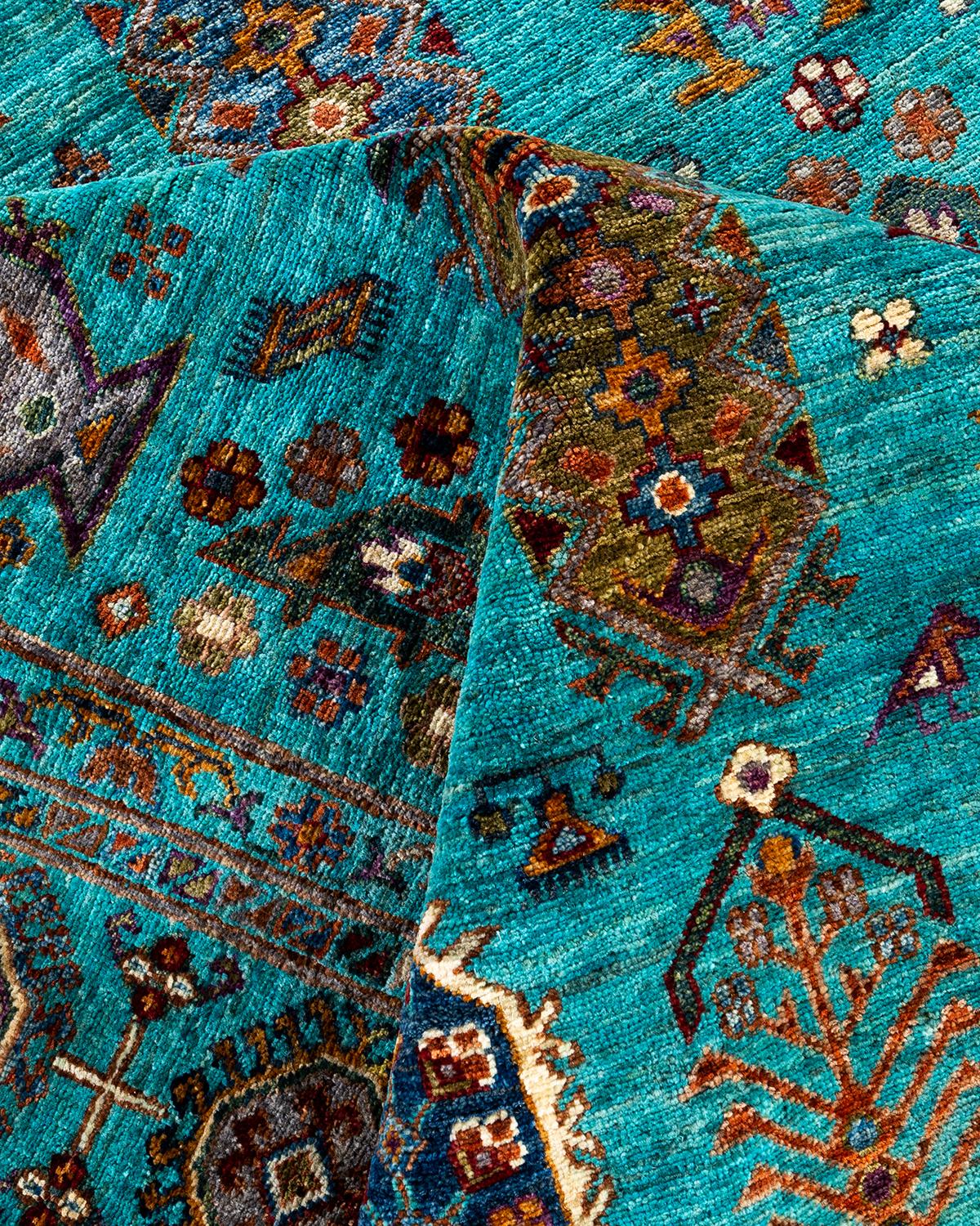 Laine Tapis de laine sarcelle de Bohème noué à la main 8' 3
