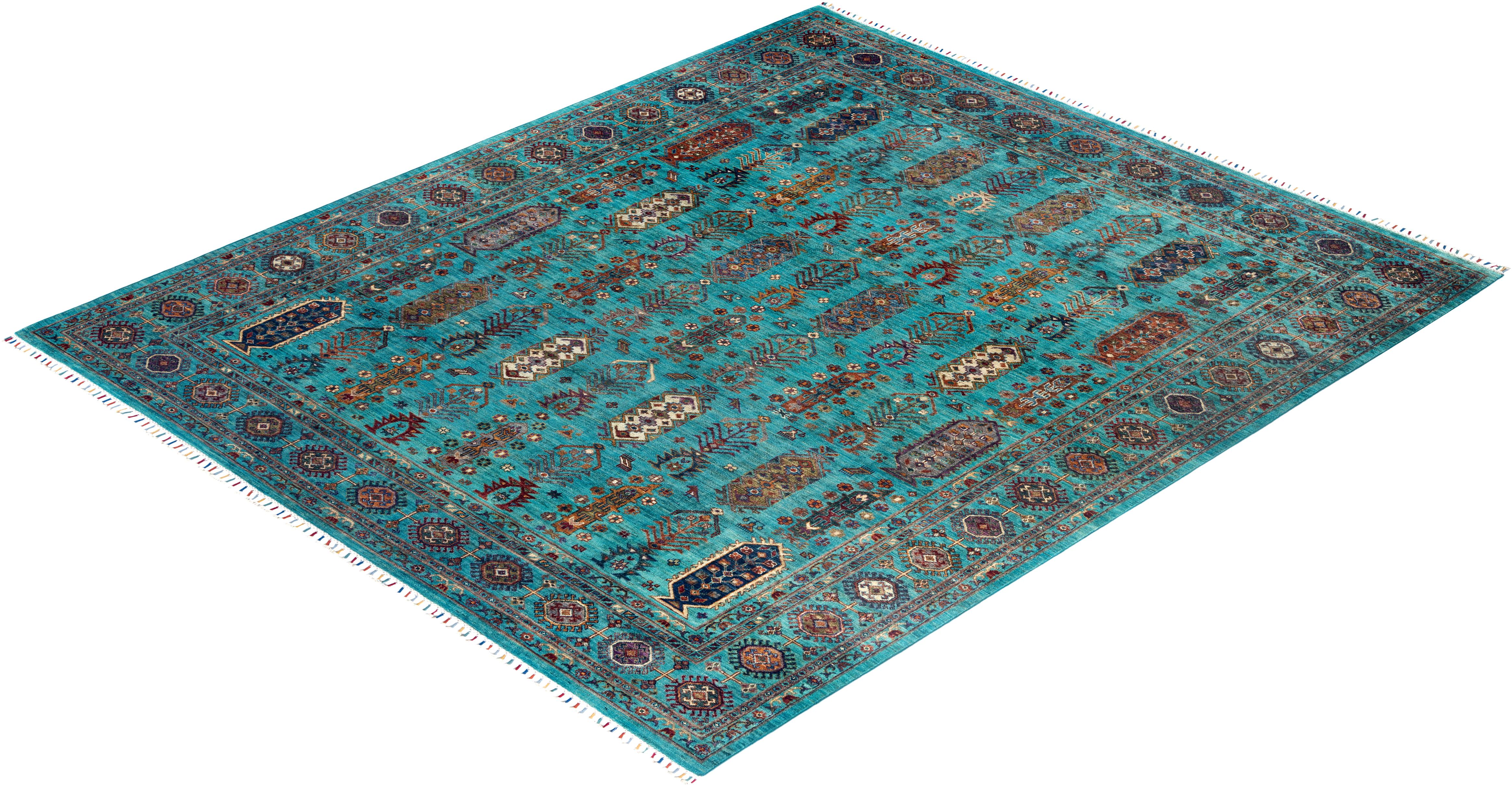 Tapis de laine sarcelle de Bohème noué à la main 8' 3