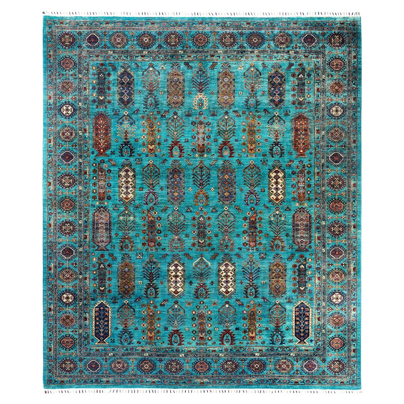 Tapis de laine sarcelle de Bohème noué à la main 8' 3" x 9' 10"