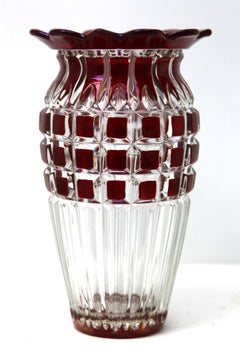 Bohemian 'Vase, Cranberry Collard Crystal Cut-to-Clear, Geometric Decoration