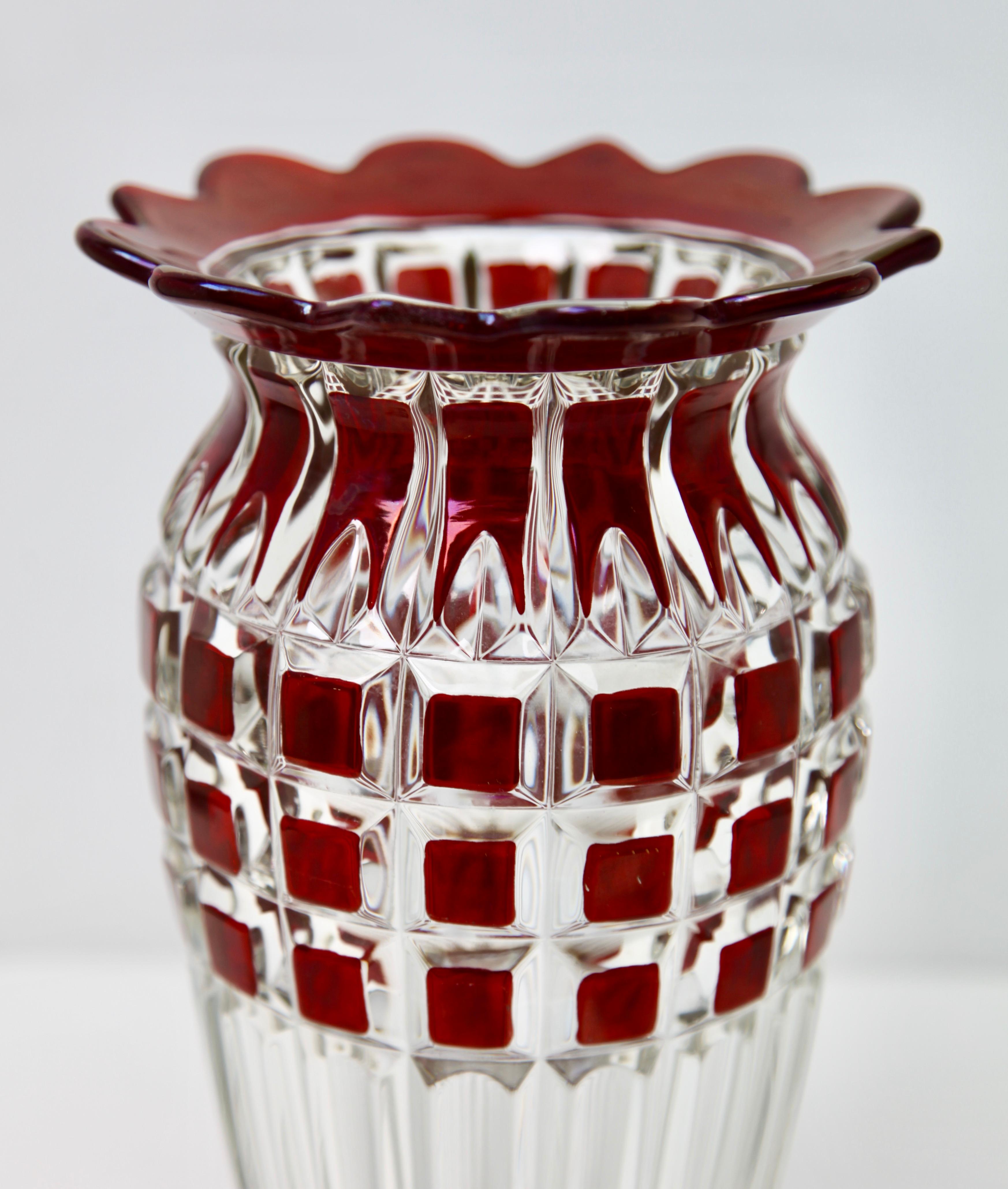 Czech Bohemian 'Vase, Cranberry Collard Crystal Cut-to-Clear, Geometric Decoration For Sale