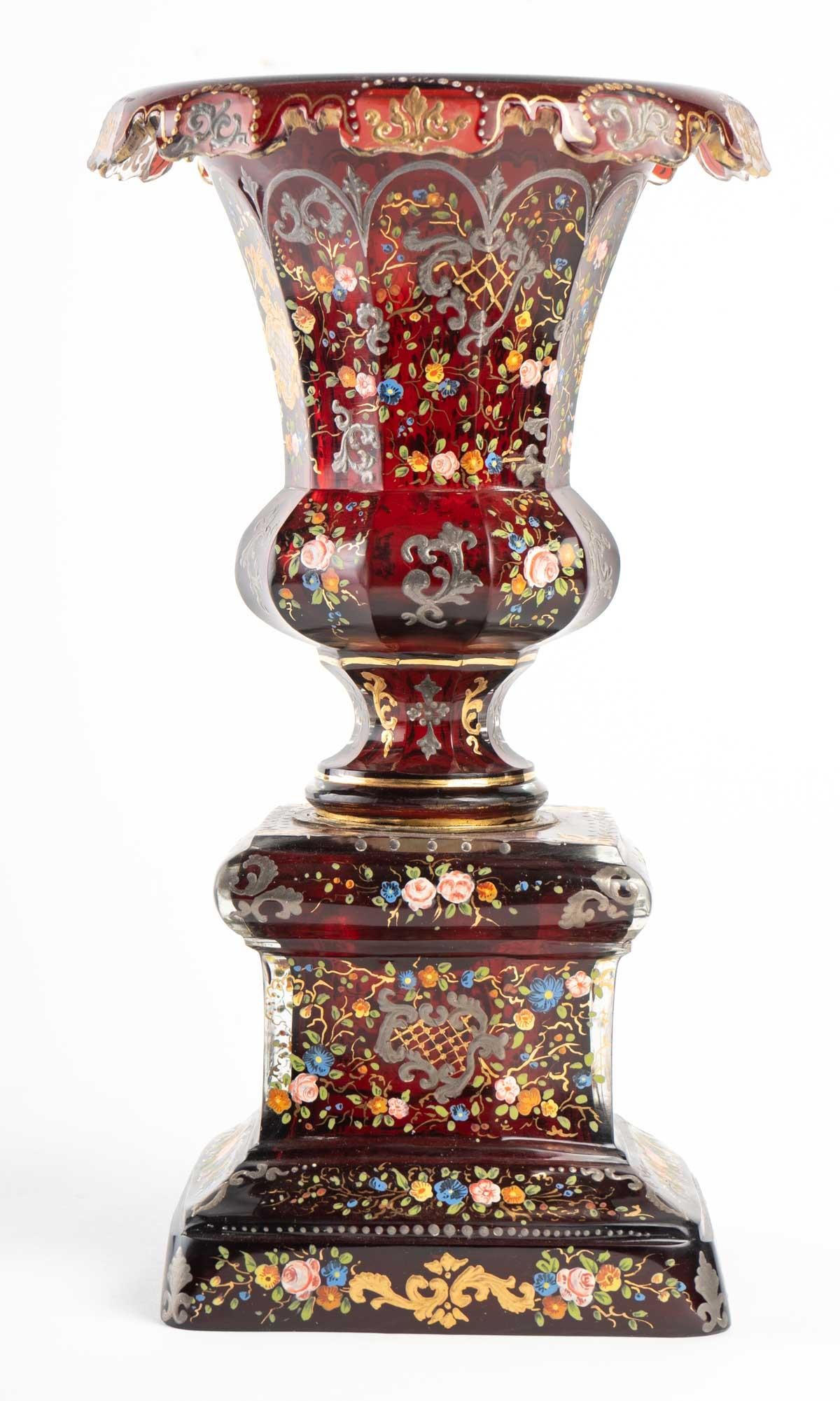 Crystal Bohemian Vase, Enameled Gold-Silver