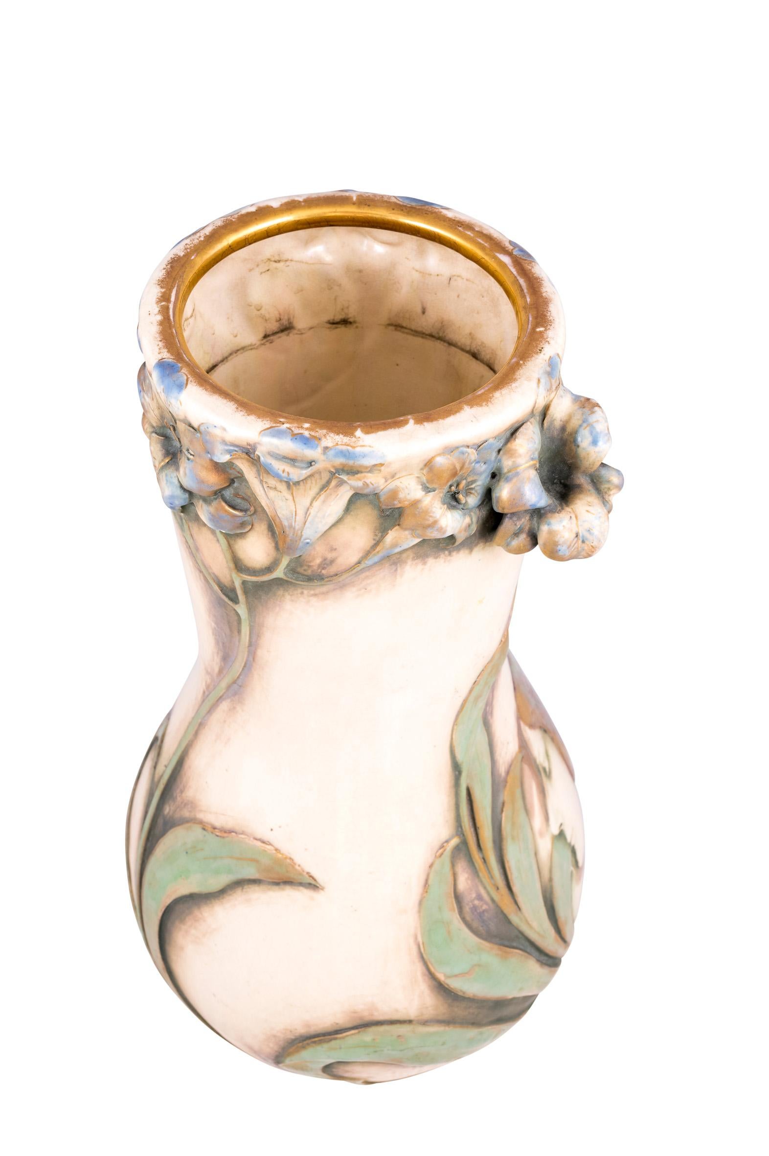 Hand-Painted Bohemian Vase with Relief Flower by Amphora Austria circa 1900 Jugendstil For Sale