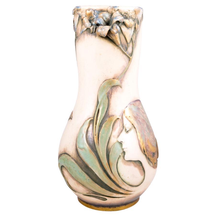 Bohemian Vase with Relief Flower by Amphora Austria circa 1900 Jugendstil