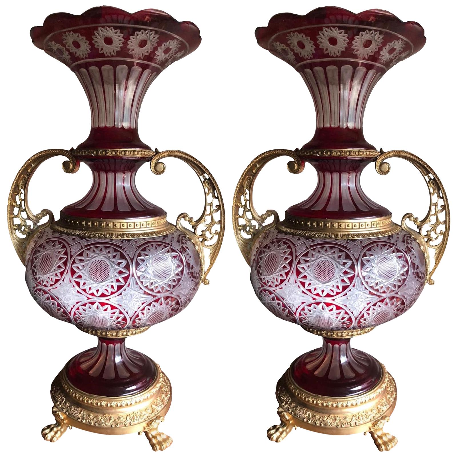 Pair Of Bohemian Cut Glass Vases in the Manner of Moser With Bronze Gilt Mounts