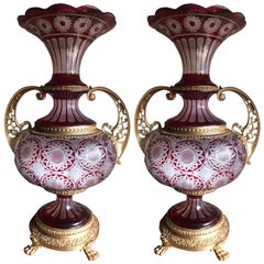 Antique Pair Of Bohemian Cut Glass Vases in the Manner of Moser With Bronze Gilt Mounts