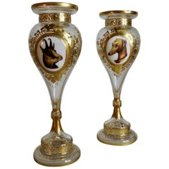 Antique Bohemian Vases with Animal Vignettes