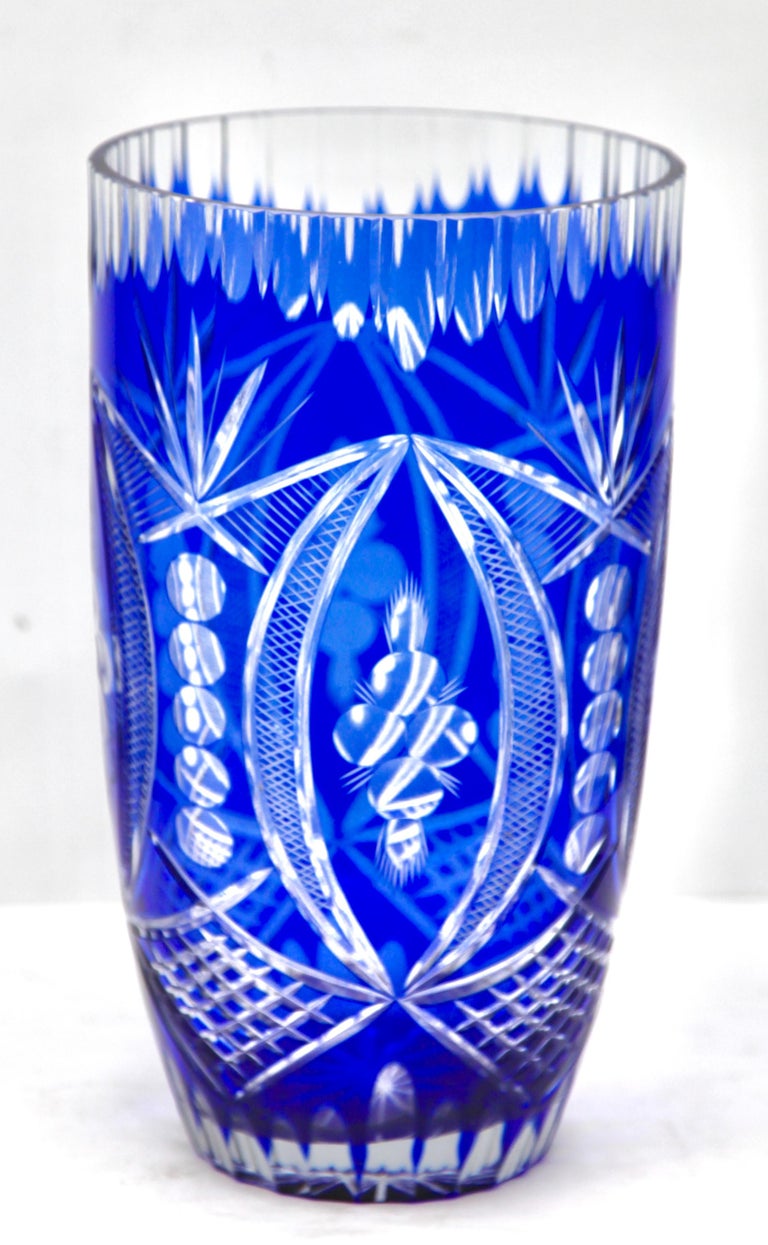 Bohemian Very Large Cobalt Overlay CutCrystal Vase, Mid 20th Century
