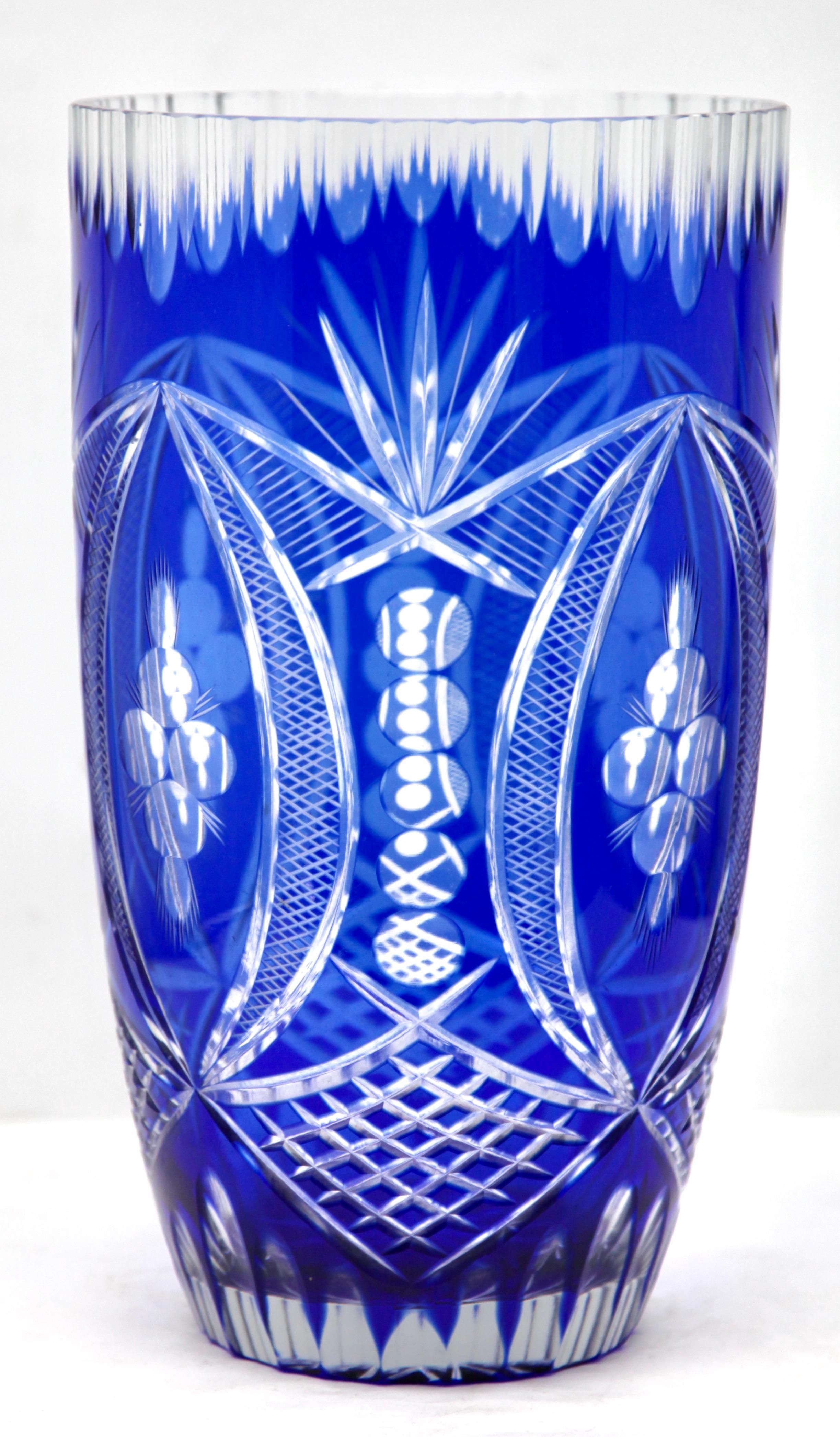 Mid-Century Modern Bohemian Very Large Cobalt Overlay Cut-Crystal Vase, Mid 20th Century For Sale
