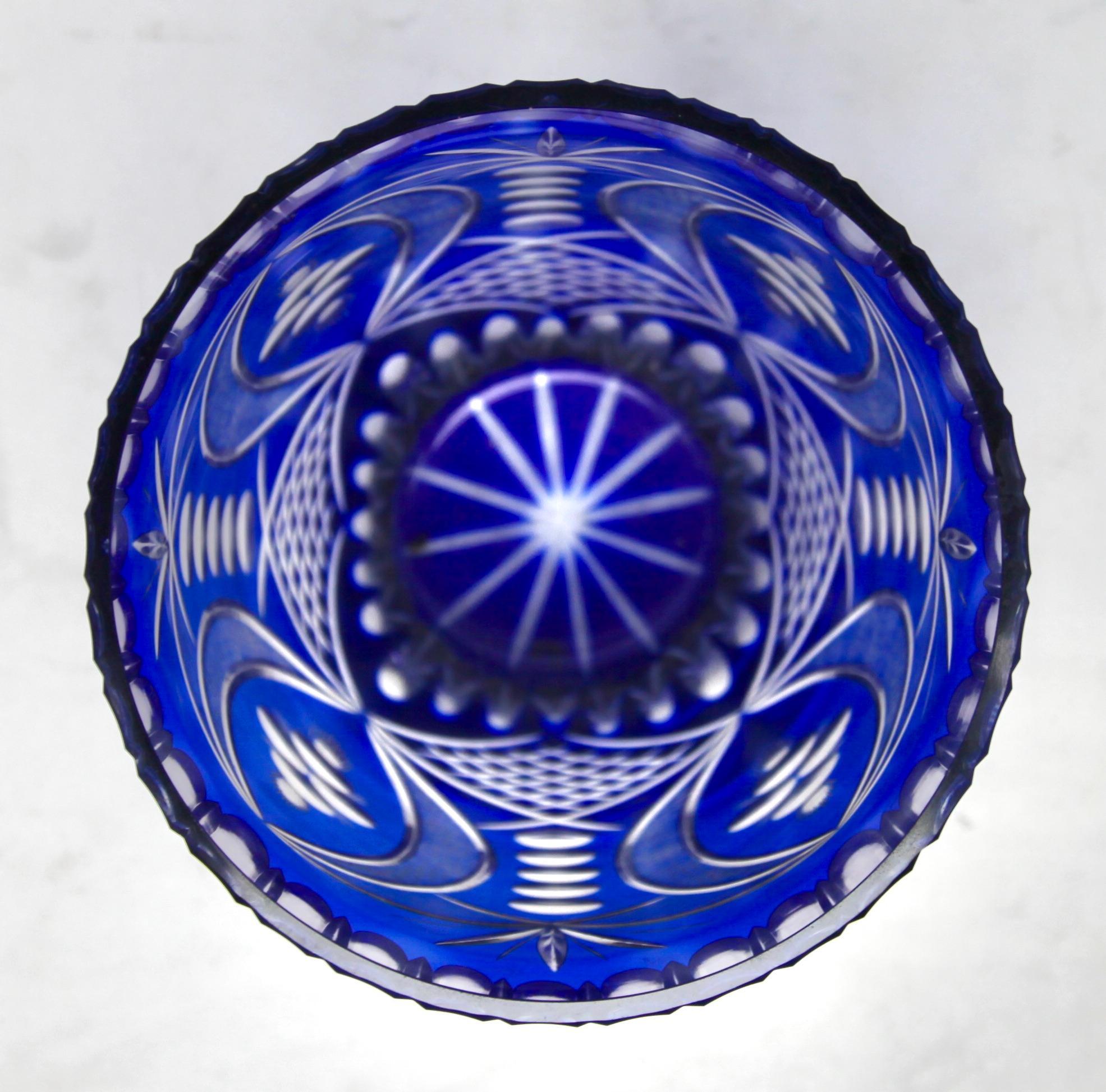 Czech Bohemian Very Large Cobalt Overlay Cut-Crystal Vase, Mid 20th Century For Sale