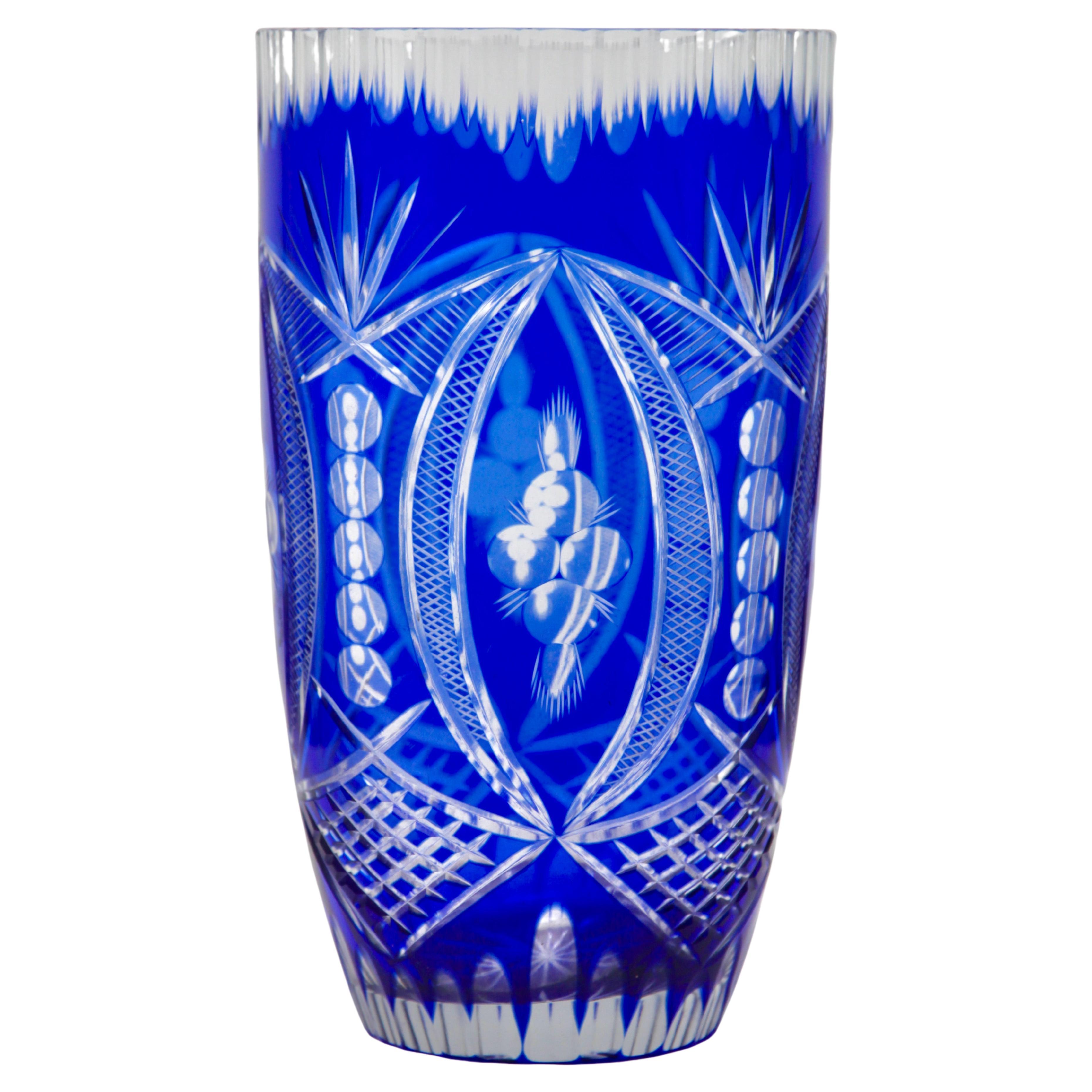 Bohemian Very Large Cobalt Overlay Cut-Crystal Vase, Mid 20th Century For Sale