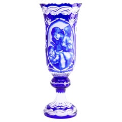Bohemian Very Large Cobalt Overlay Cut-Crystal Vase, Mid 20th Century, Signed